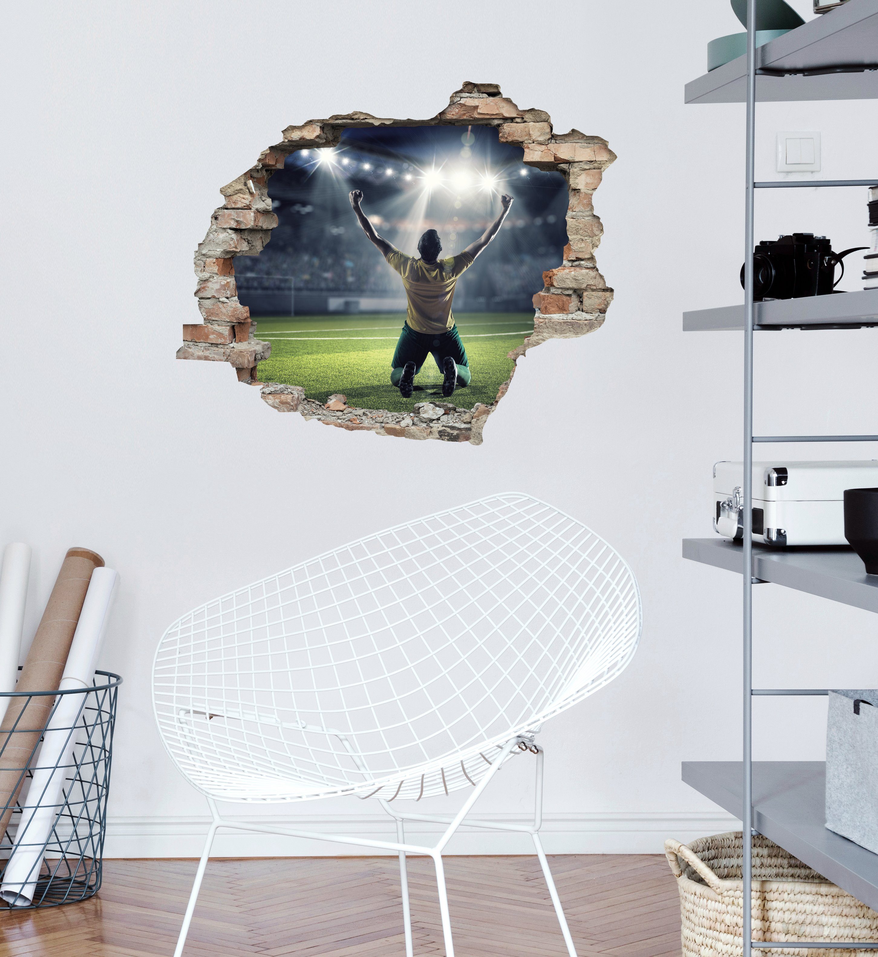 queence Wandfolie Voetbal doelpuntgejuich Muursticker, muurdecoratie, zelfklevend, 3D, muurdurchbraak (1 stuk)