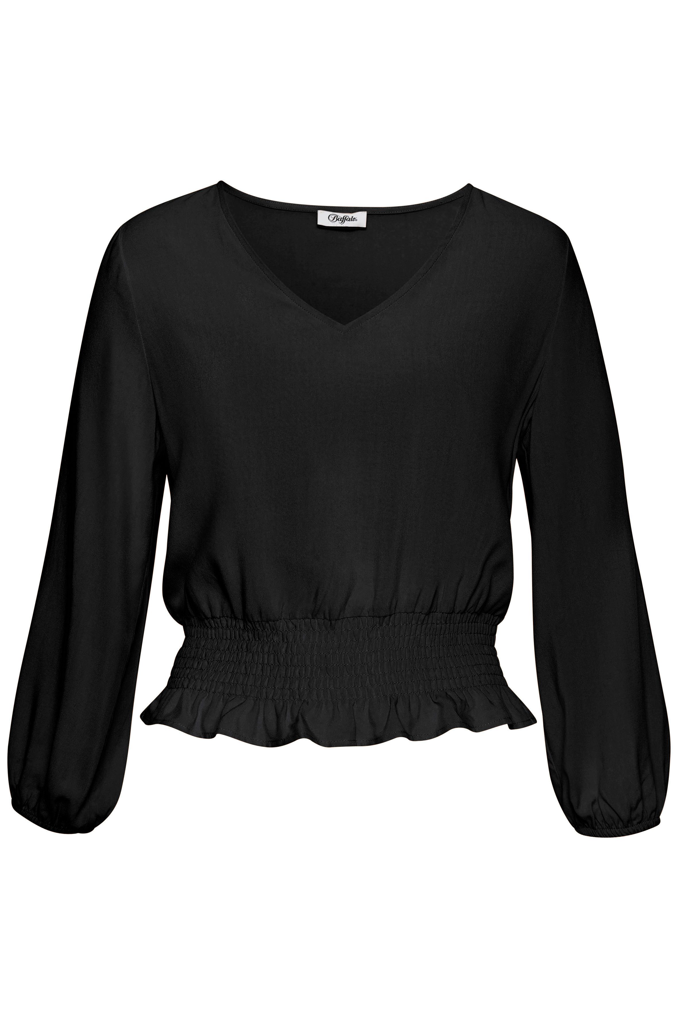 Buffalo Blouse met lange mouwen met brede smokzoom, zomerse damesblouse met v-hals