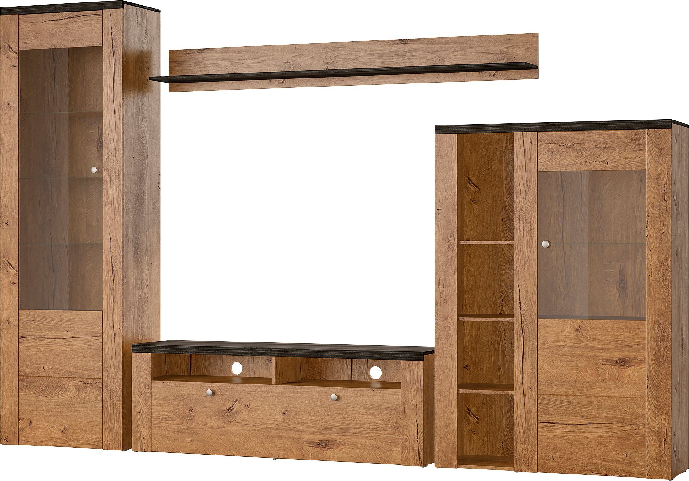 Home affaire Wandmeubel Larona, aanbouwwand, set van 4 delen bestaande uit 1 tv-board, 1 highboard, 1 vitrine, 1 wandplank (set, 4 stuks)