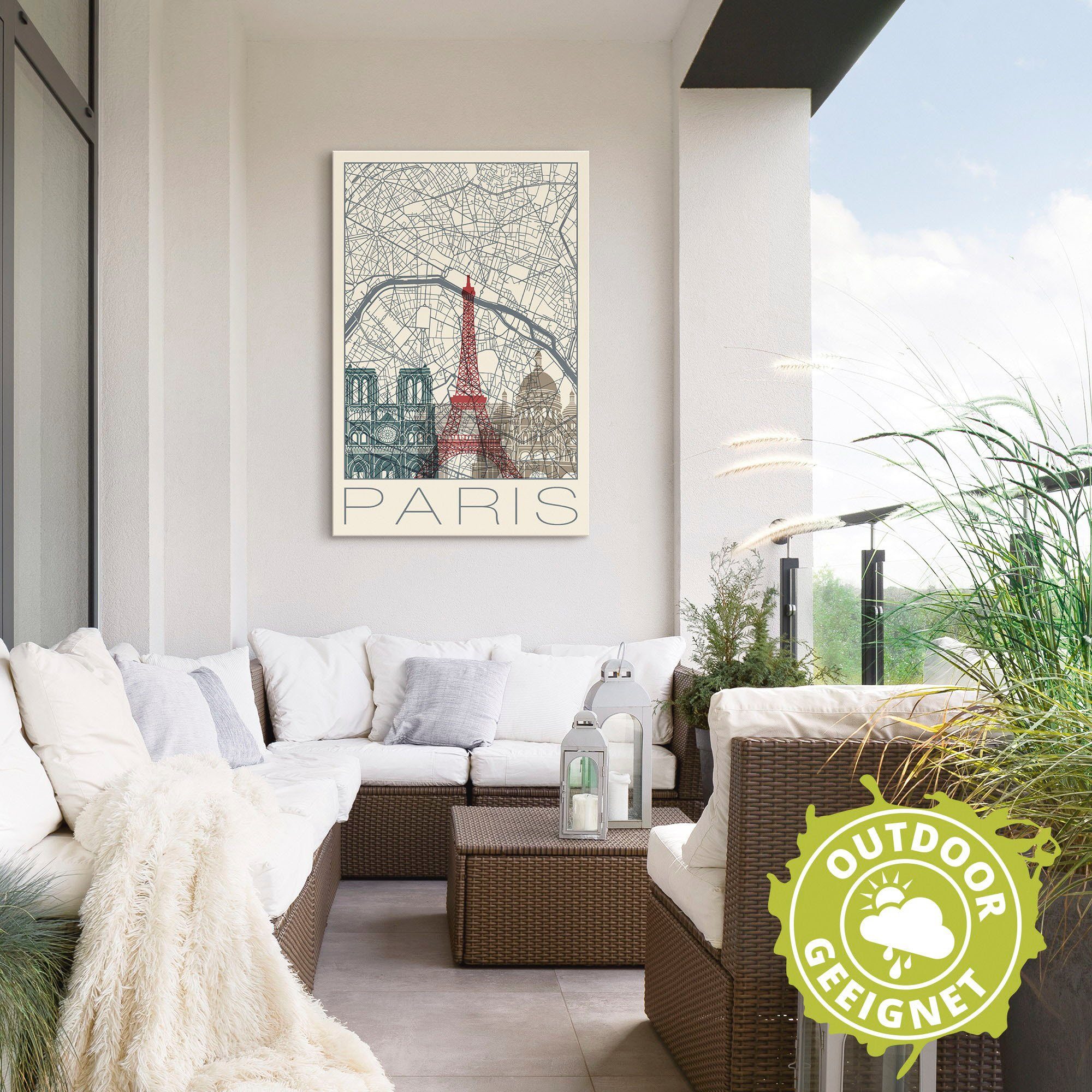 Artland Artprint Retro kaart Parijs Frankrijk en skyline als artprint van aluminium, artprint voor buiten, poster in diverse formaten