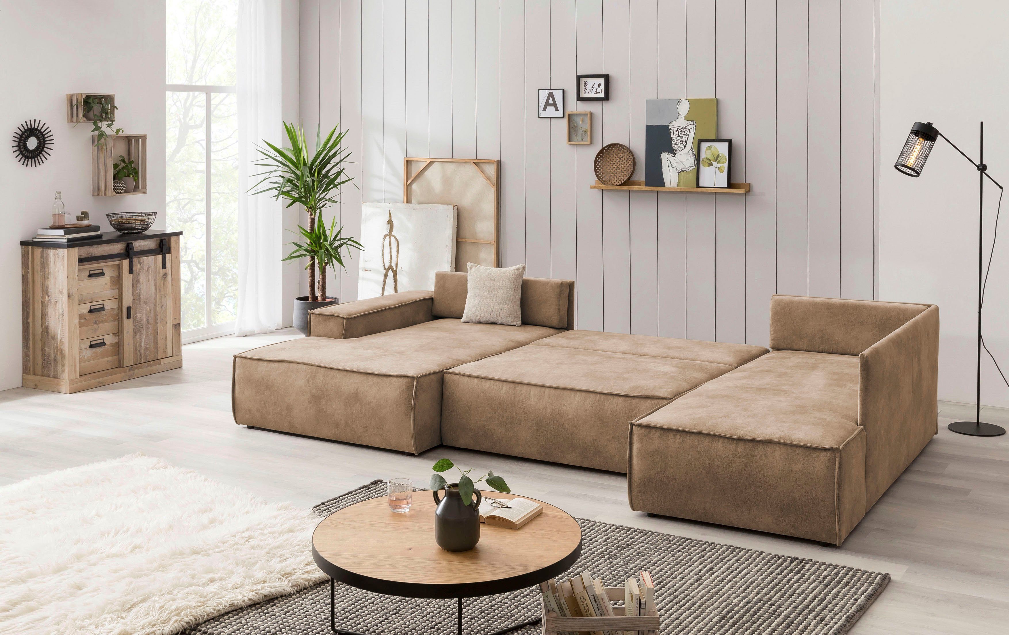 Home affaire Zithoek SHERWOOD 329 cm, U-vorm, slaapbank, Slaapfunctie met bedkist (194x139 cm), cord, vintage, fluweel