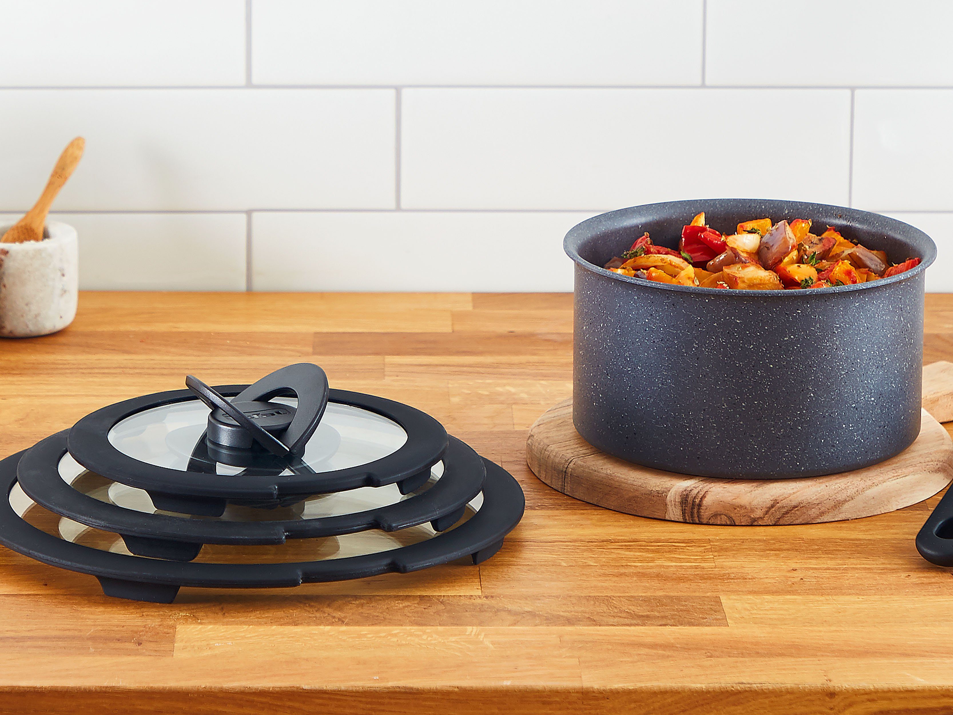 Tefal Deksel 98491 Ingenio 16/18/20 cm uitstekend voor ingenio-pannen, glazen deksel met siliconenrand, klapgrepen (set, 3-delig)