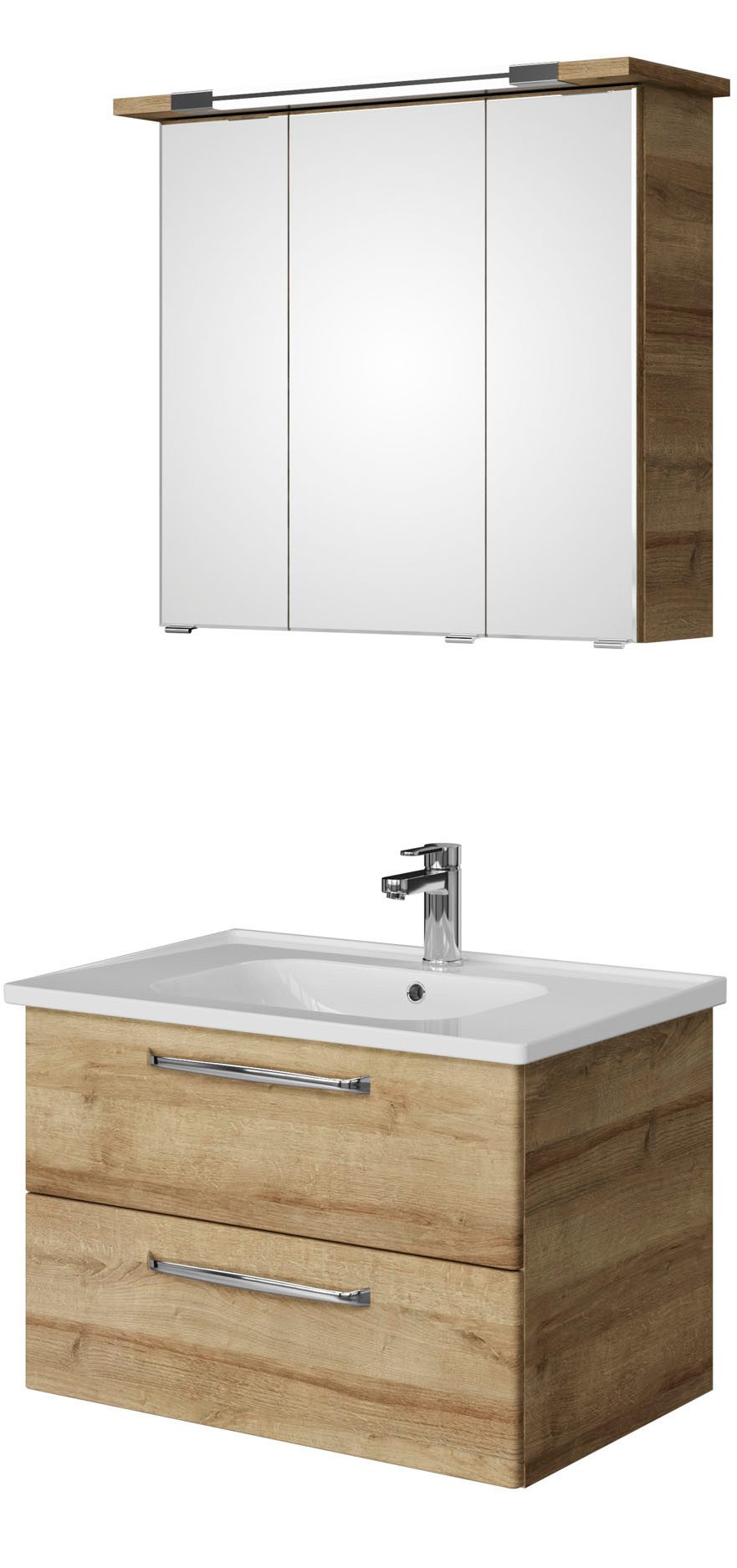 Saphir Badmeubelset Trentino 2-delig keramische wastafel, spiegelkast met LED-profiel Badkamermeubel-set 79cm breed, incl. deurdemper, 3 deuren, 2