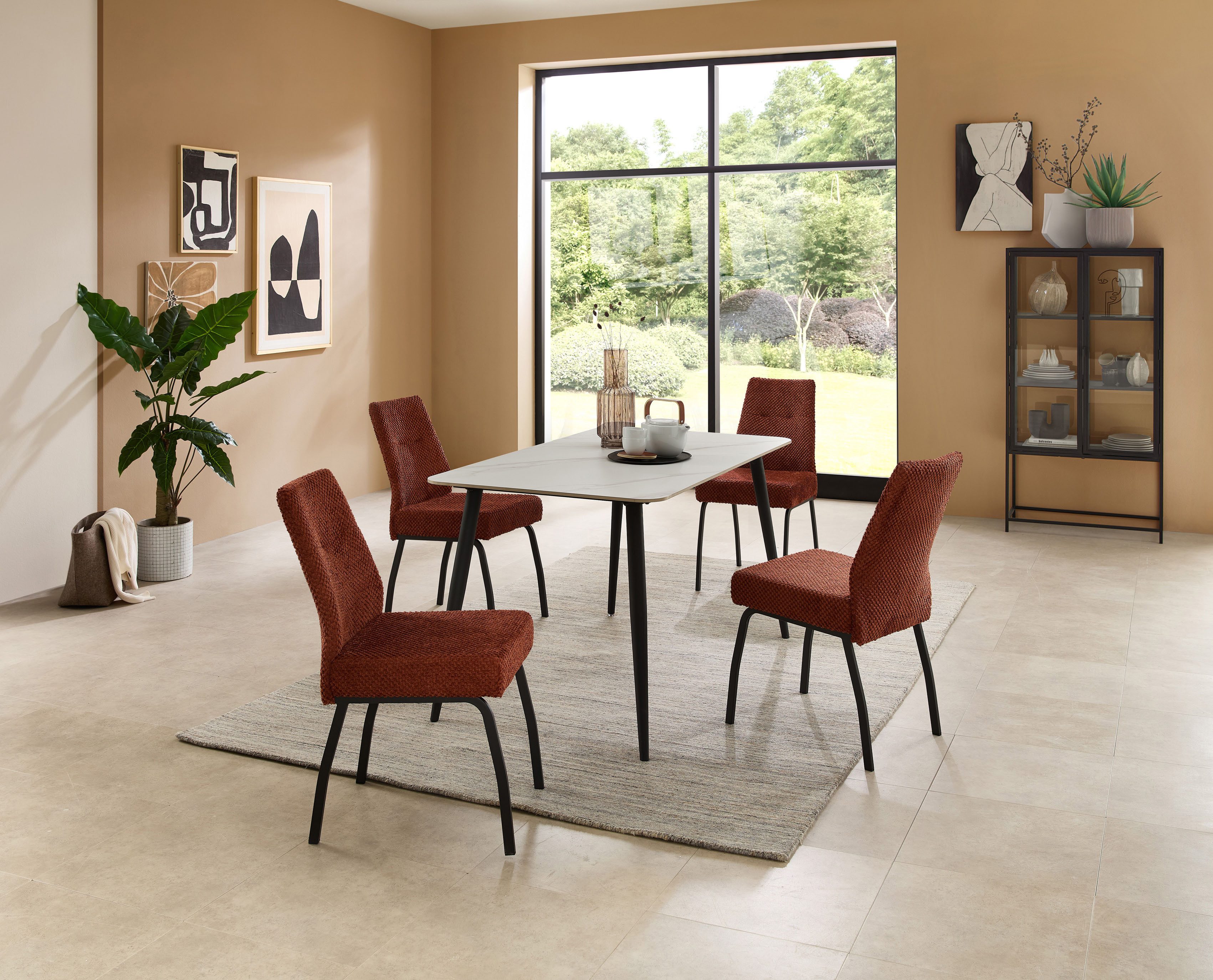 Stolkom Eettafel Cody eettafel keramiek, wit gemarmerd, BxHxD 140x76x80 cm Keramische oppervlakte wit gemarmerd, 4-poots frame mat zwart