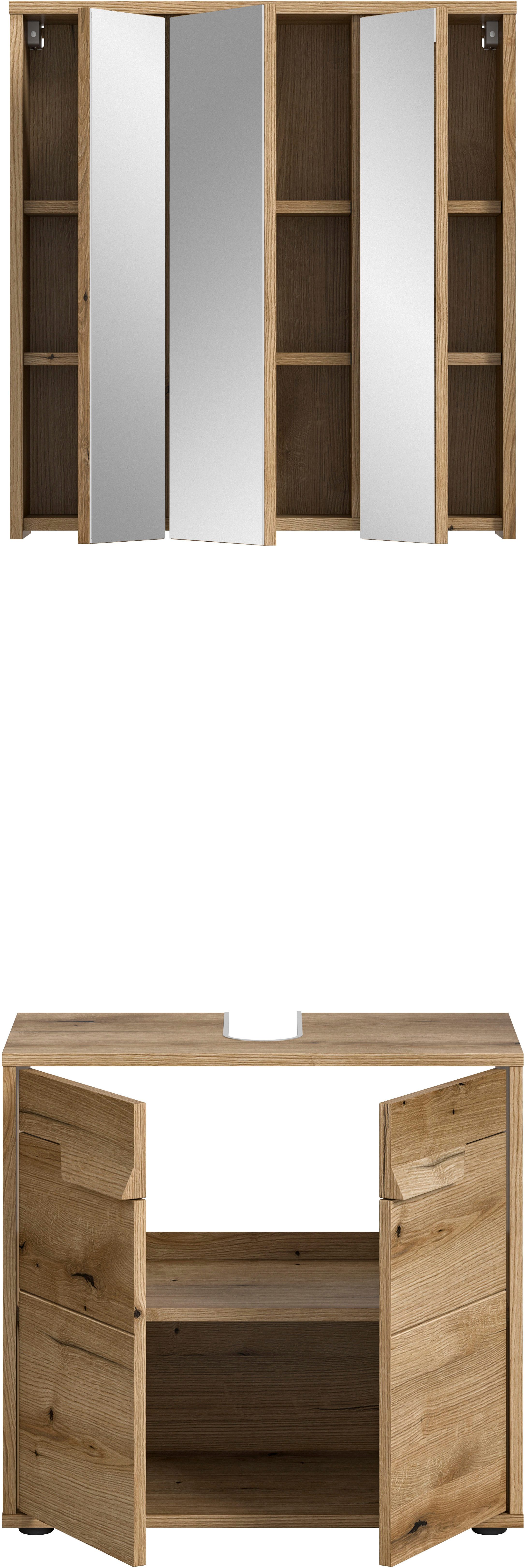 welltime Badmeubelset Kayu, bestaande uit: wastafelonderkast, spiegelkast hoogwaardige mdf voorkant met groeffrezen, bad, badkamer set, badkamer