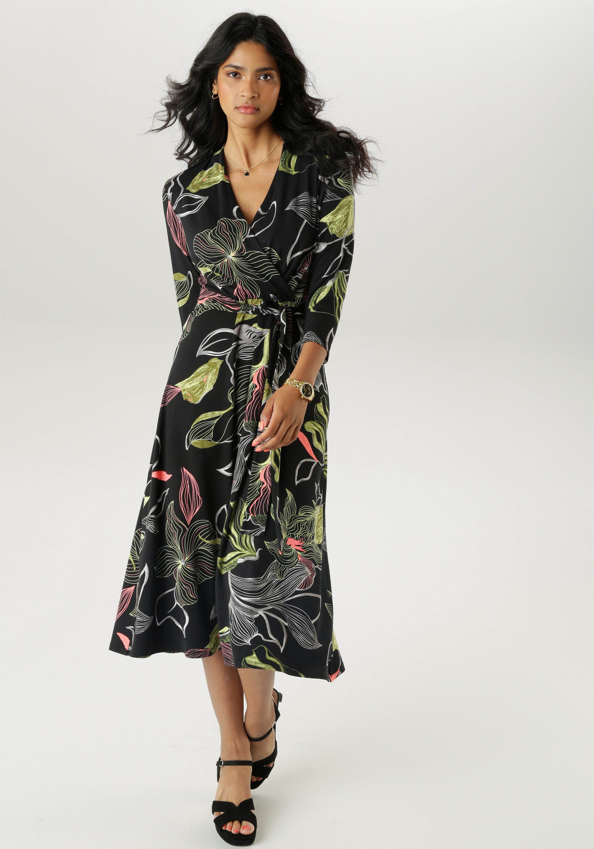 Aniston SELECTED Jerseyjurk met v-hals in wikkellook en binddetail - nieuwe collectie dames jerseyjurken maat 42 multicolor