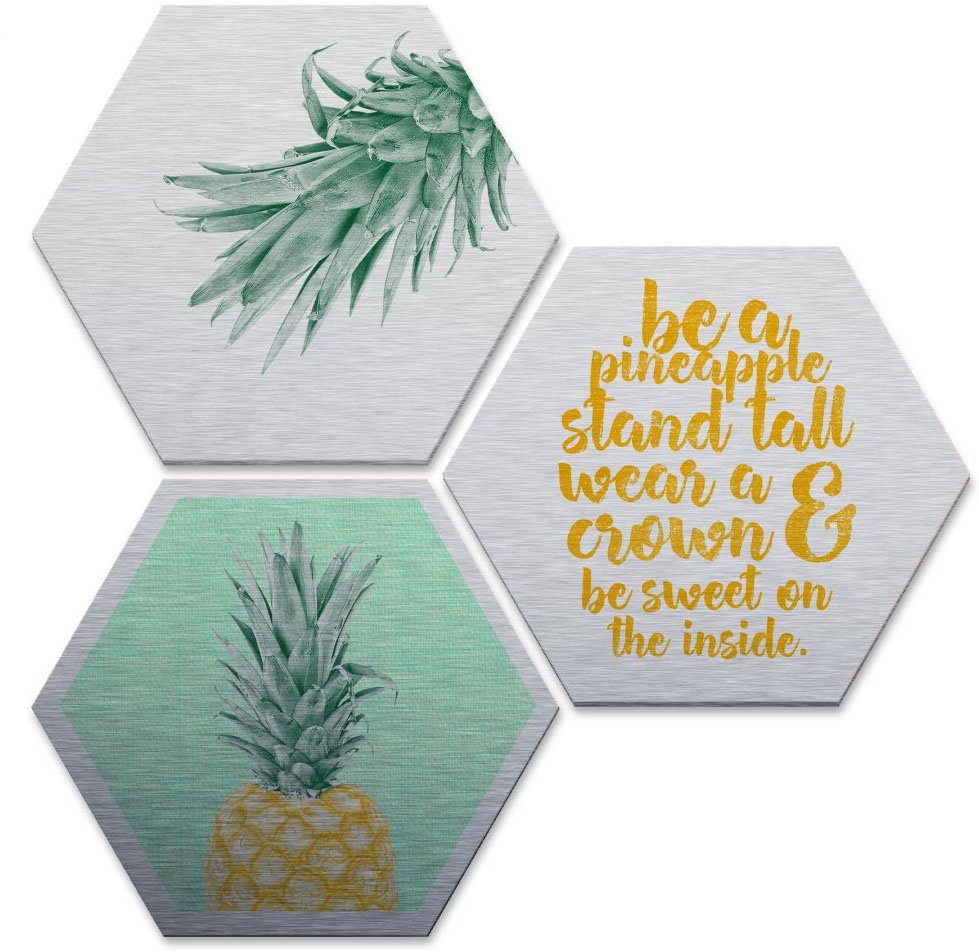 Wall-Art Meerdelige artprint Zilvereffect ananas quote (set, 3 stuks)