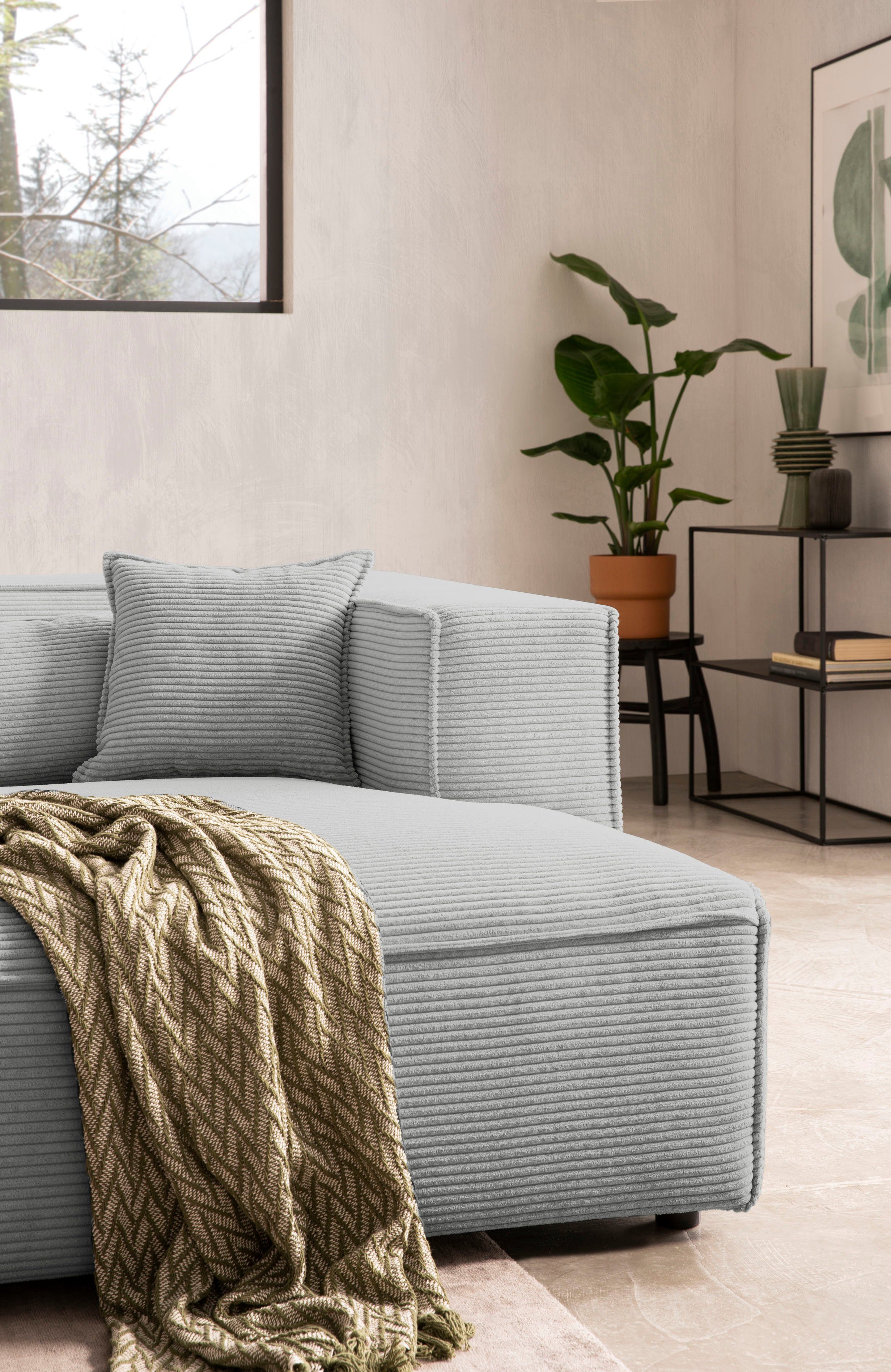 LeGer Home by Lena Gercke Hoekbank PIARA met biesnaad in cord of linnenlook, moderne bank in L-vorm keuze ottomaan rechts/links, zwarte voeten, comfortabel zitcomfort