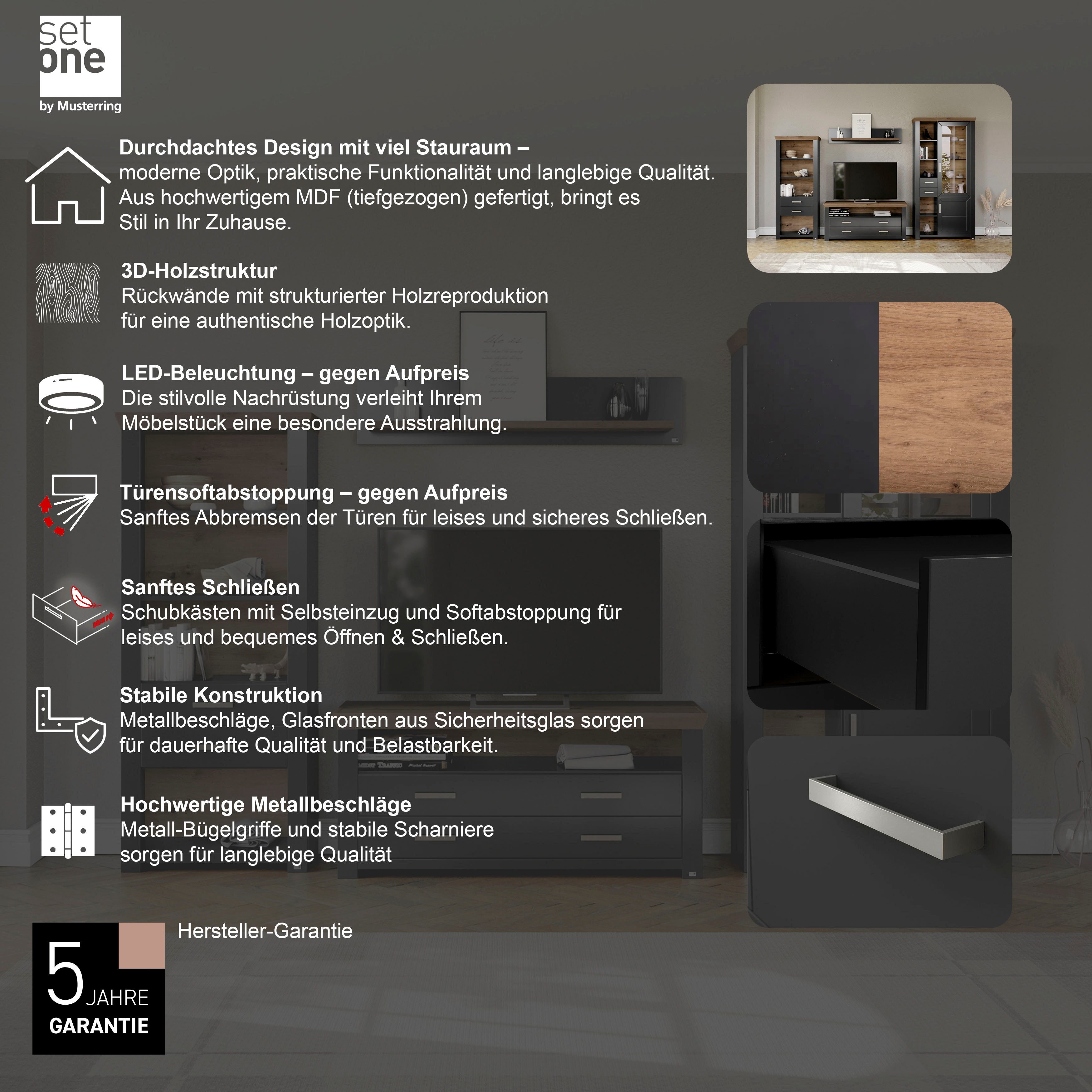 set one by Musterring Wandmeubel York Combinatie met 4 delen, in 3 kleurvarianten, totale breedte 340 cm (4-delig)