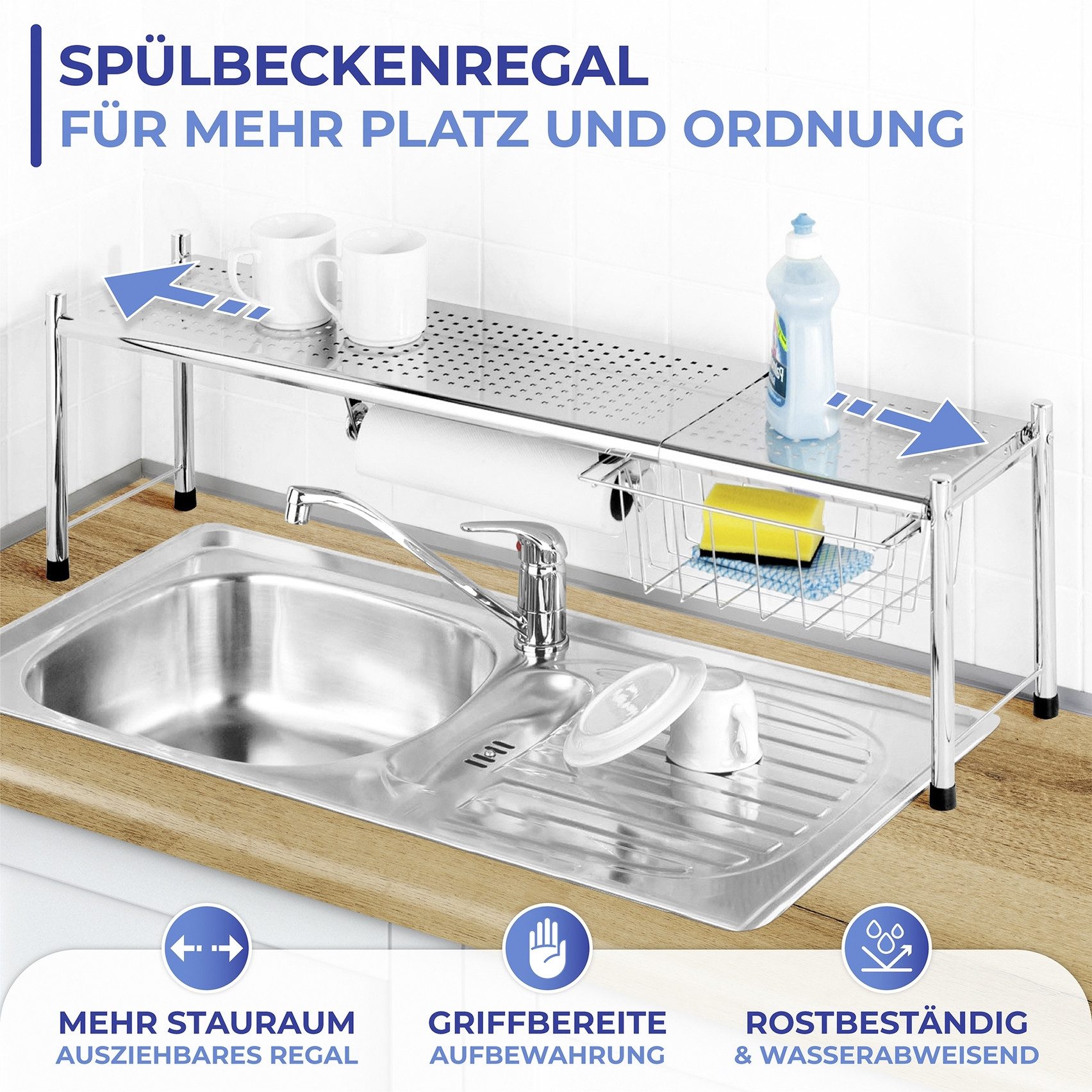 Maximex Keukenrek EXPANDO uitschuifbaar spoelbakrek met keukenrolhouder en mand