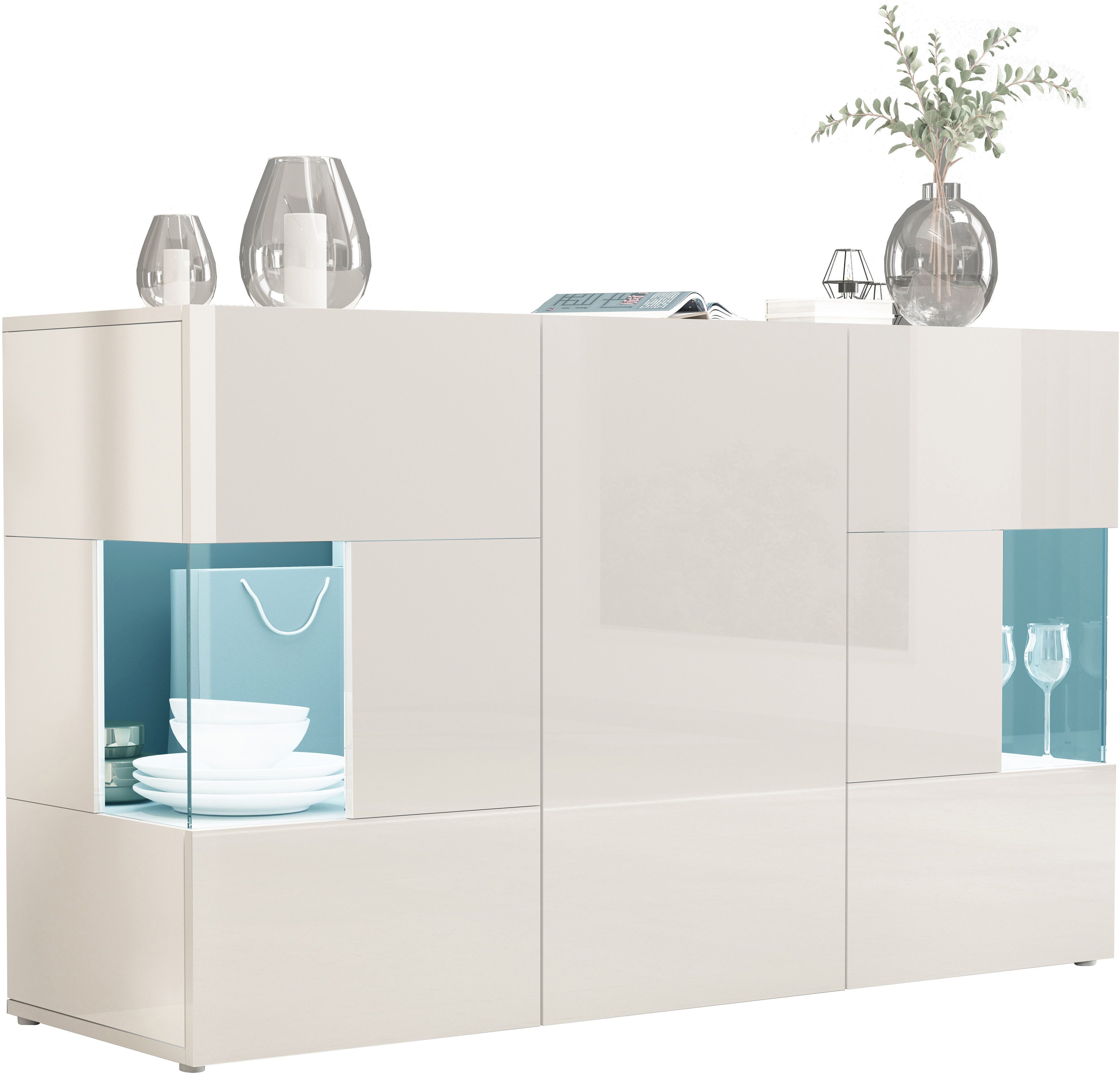 INOSIGN Dressoir Egypte, Ladekast, Kast, Buffet, Vitrine greeploos 3 deuren waarvan 2 met glaselement, volledig hoogglans gelakt breedte 135