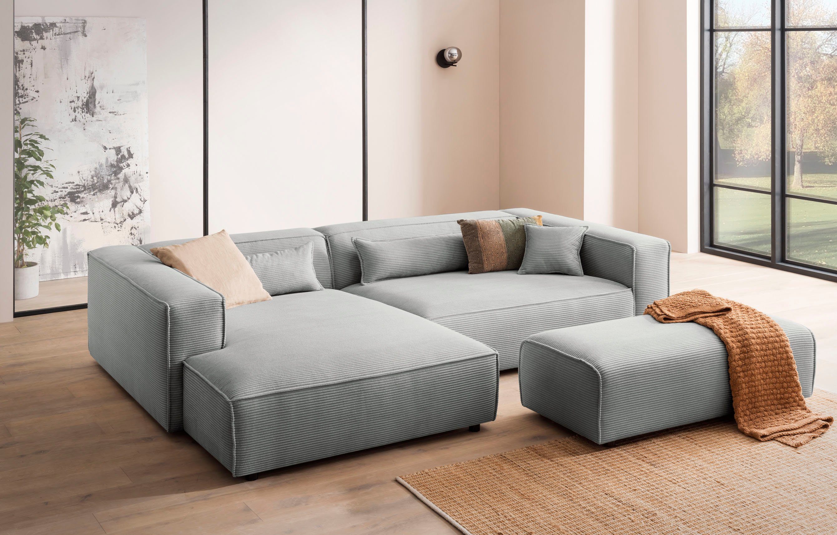 LeGer Home by Lena Gercke Hoekbank PIARA XXL, L-vorm met slaapfunctie, Big-sofa in cord of linnenlook Hocker verstelbaar tot slaapbank (krokodillenverbinder), diepe zitting