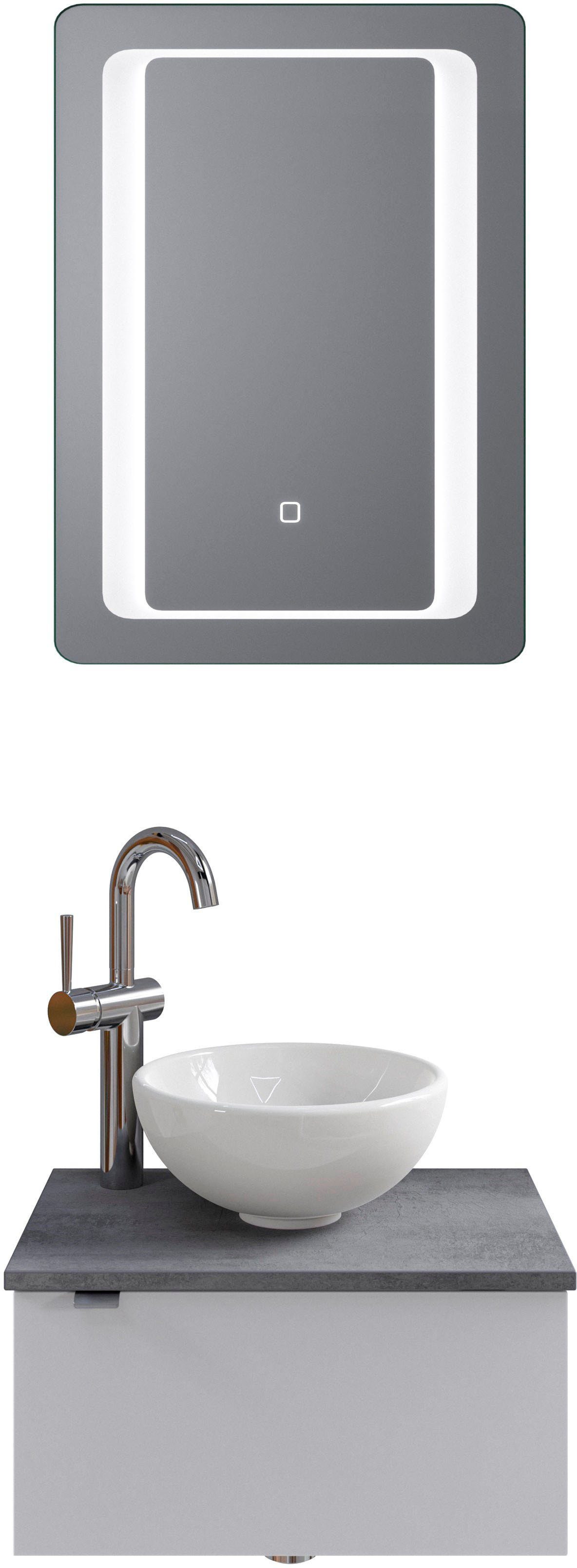 Saphir Badkamerserie Serie 6915 Gastenbadkamer, 51 cm breed, met led-spiegel en 1 deur (4-delig) badmeubelsets wit