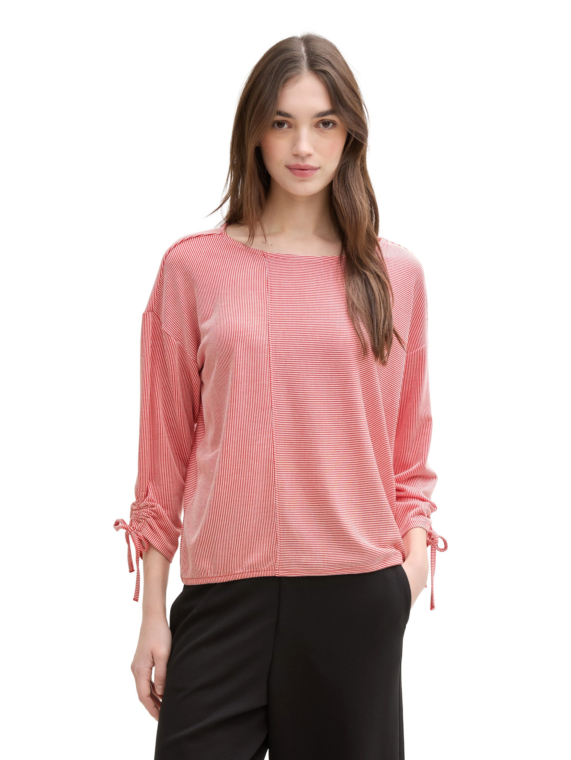 Tom Tailor Denim Shirt met 3/4 mouwen in fijne rib-look dames shirts met 3/4 mouwen maat S (36) rood