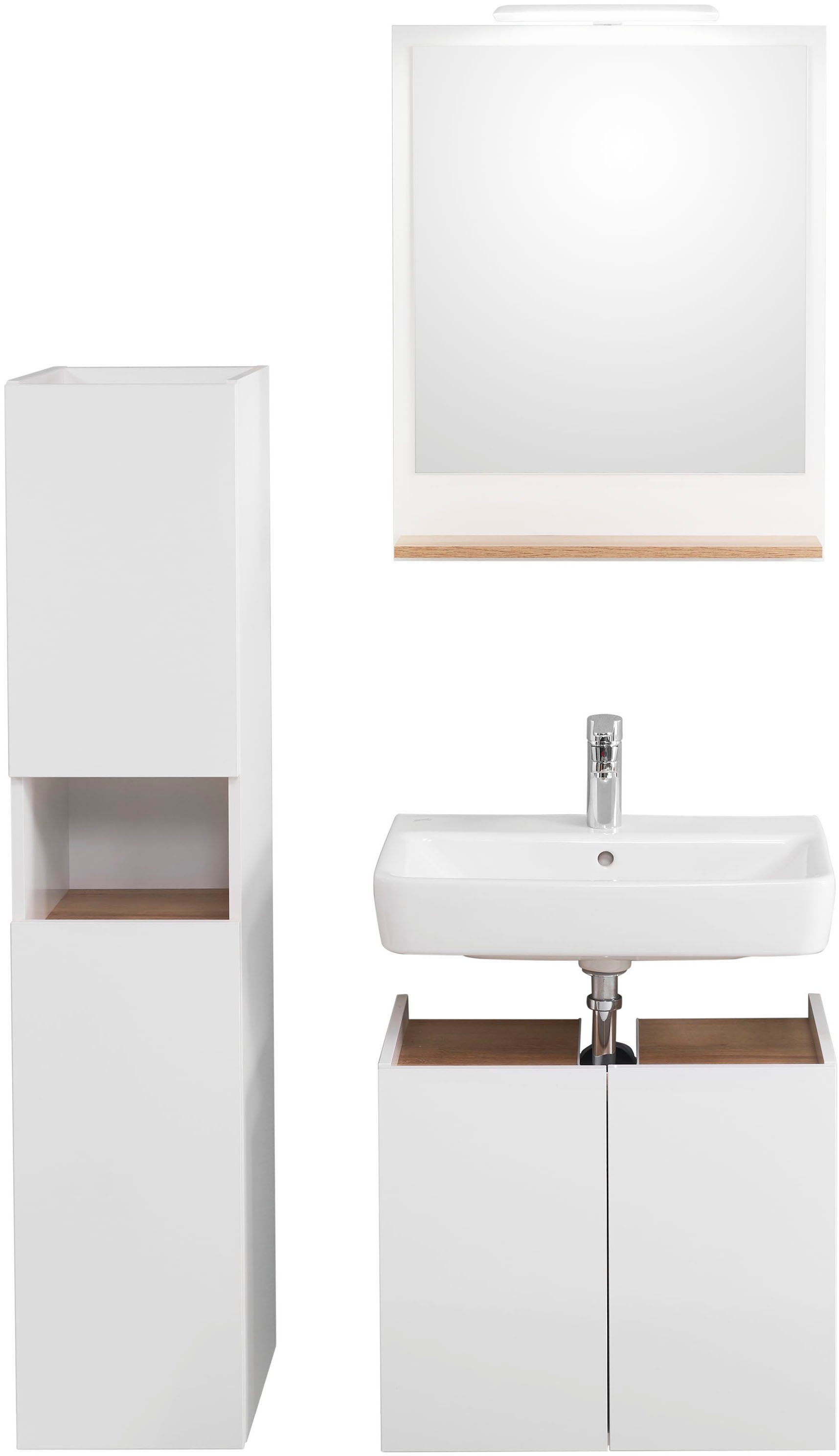 Saphir Badkamerserie Quickset 947 3-delig, wastafelonderkast met spiegel Onderkast, 4 deuren, 2 planken, incl. deurdempers, wit glans (4-delig)
