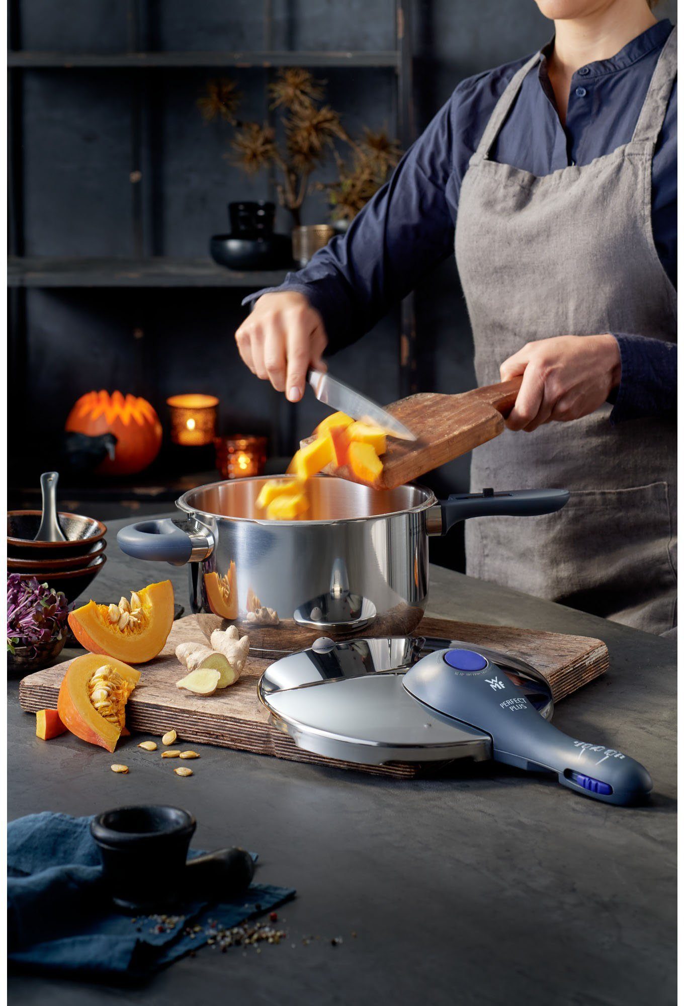 WMF Snelkookpan Perfect Plus Stoompan met een afneembare dekselgreep, inductie
