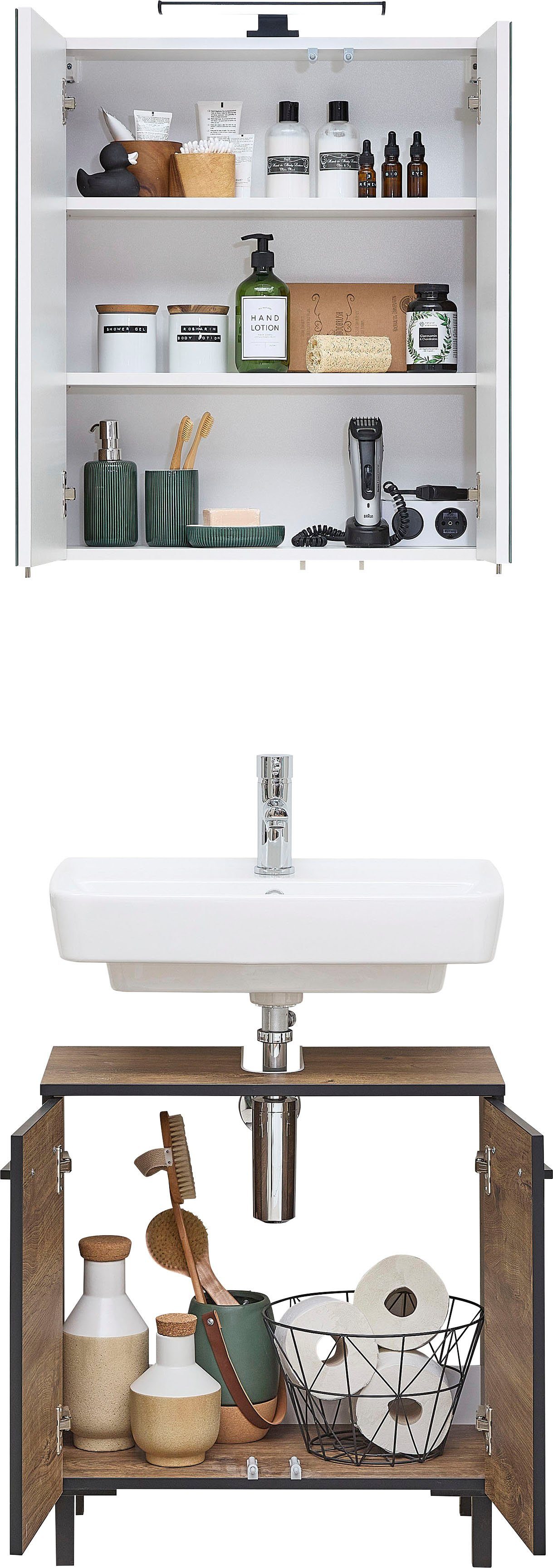 Saphir Badkamerserie Quickset wastafelonderkast met LED-spiegelkast Wastafelmeubel 60 cm breed, inclusief deurdemper, 4 deuren, badkameraccessoireset (4-delig)