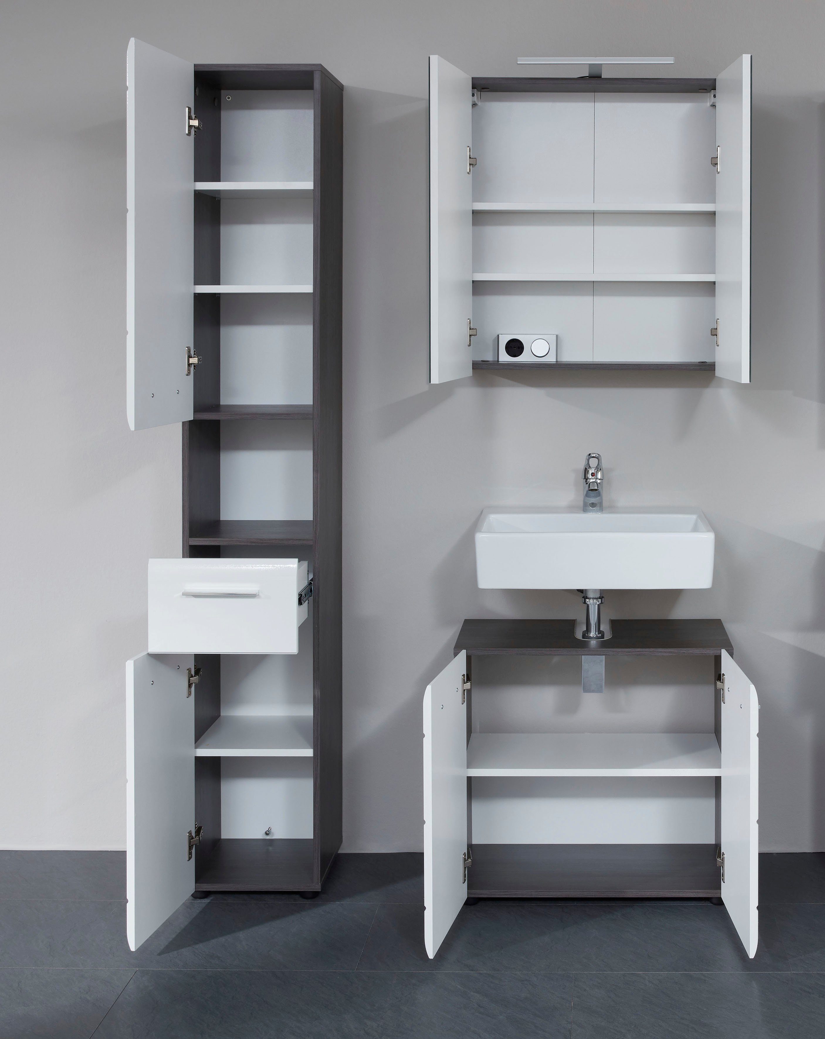 INOSIGN Badkamerserie Sovana Hoge kast, wastafel en spiegelkast met verlichting (set, 3-delig)