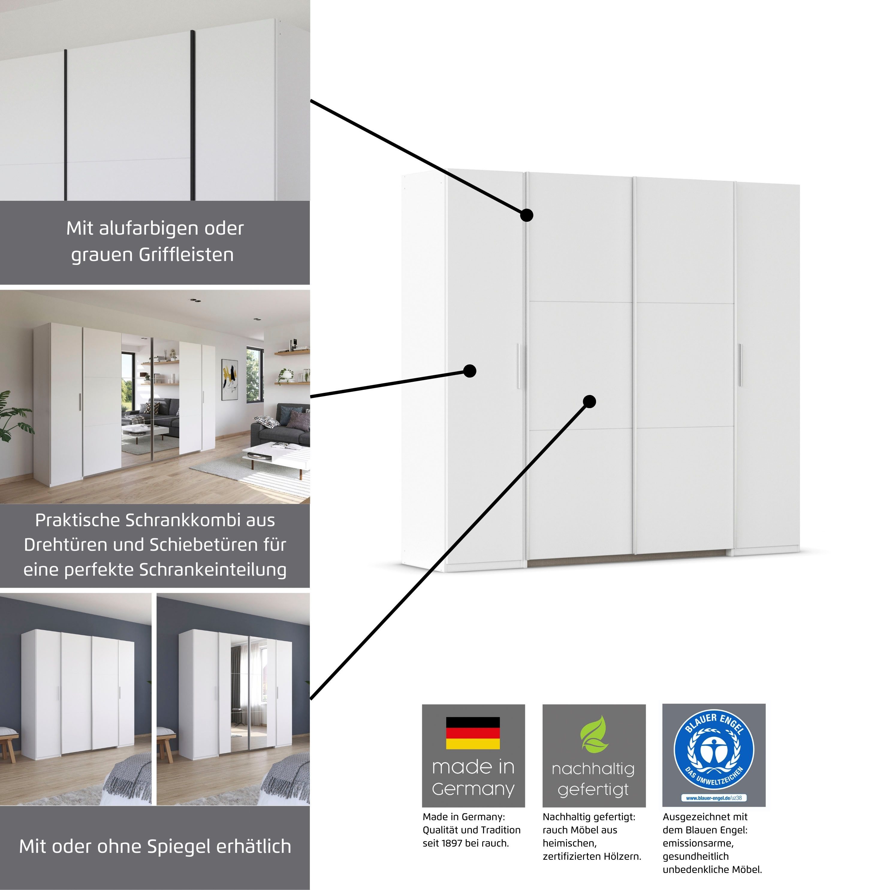 rauch Zweefdeurkast Kledingkast draaideurkast kast garderobe KRONACH TOPSELLER met draaideuren en schuifdeuren en spiegels, veel planken made in germany