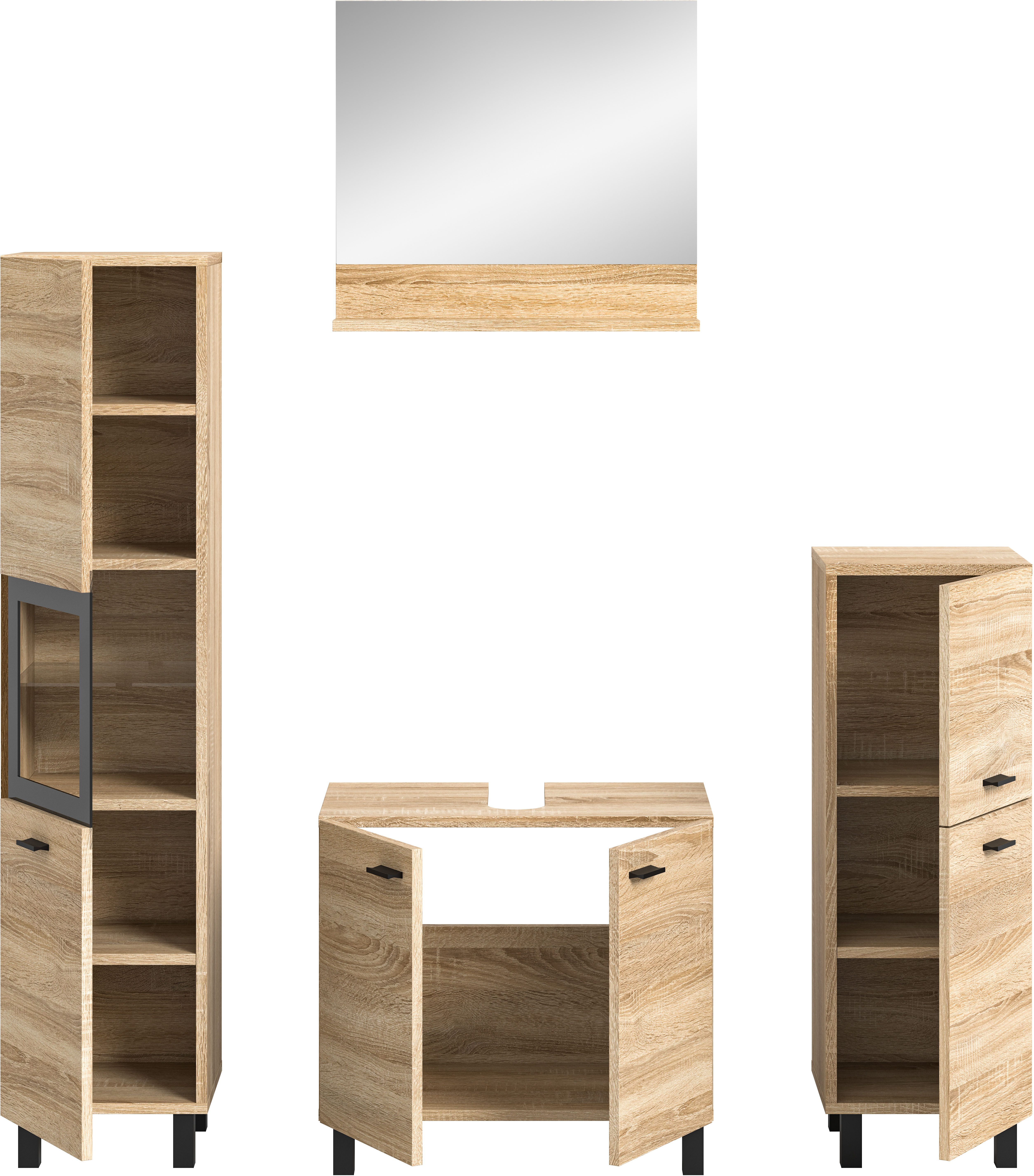 welltime Badmeubelset Tampa, breedte 137cm, 4-delig Wastafelonderkast, spiegel, hoge kast, midikast (4 stuks)