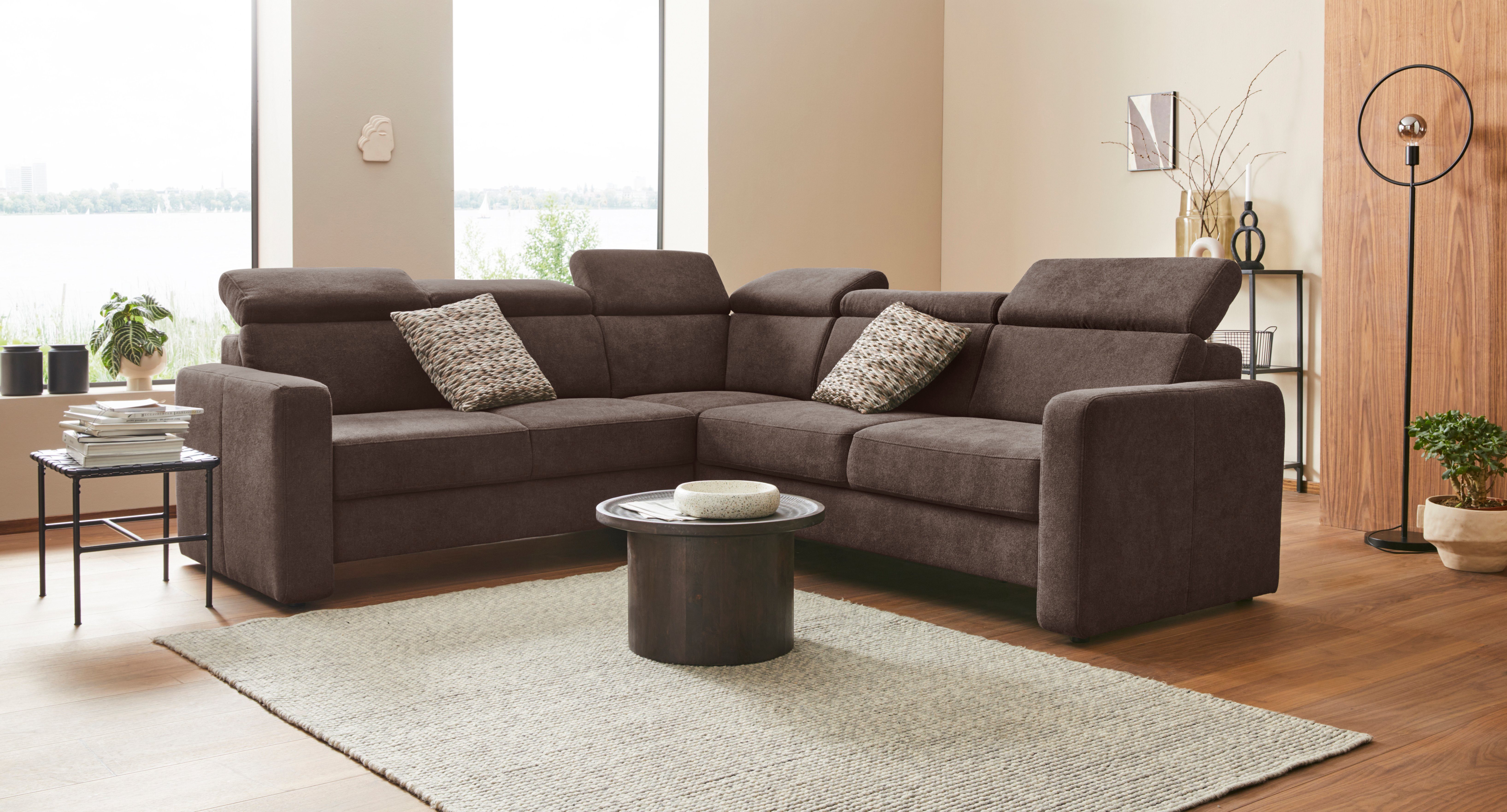 sit&more Hoekbank Bologna L-vorm Verstelbare hoofdsteun, naar keuze met slaapfunctie en lade bruin, hoekbanken, 247 cm