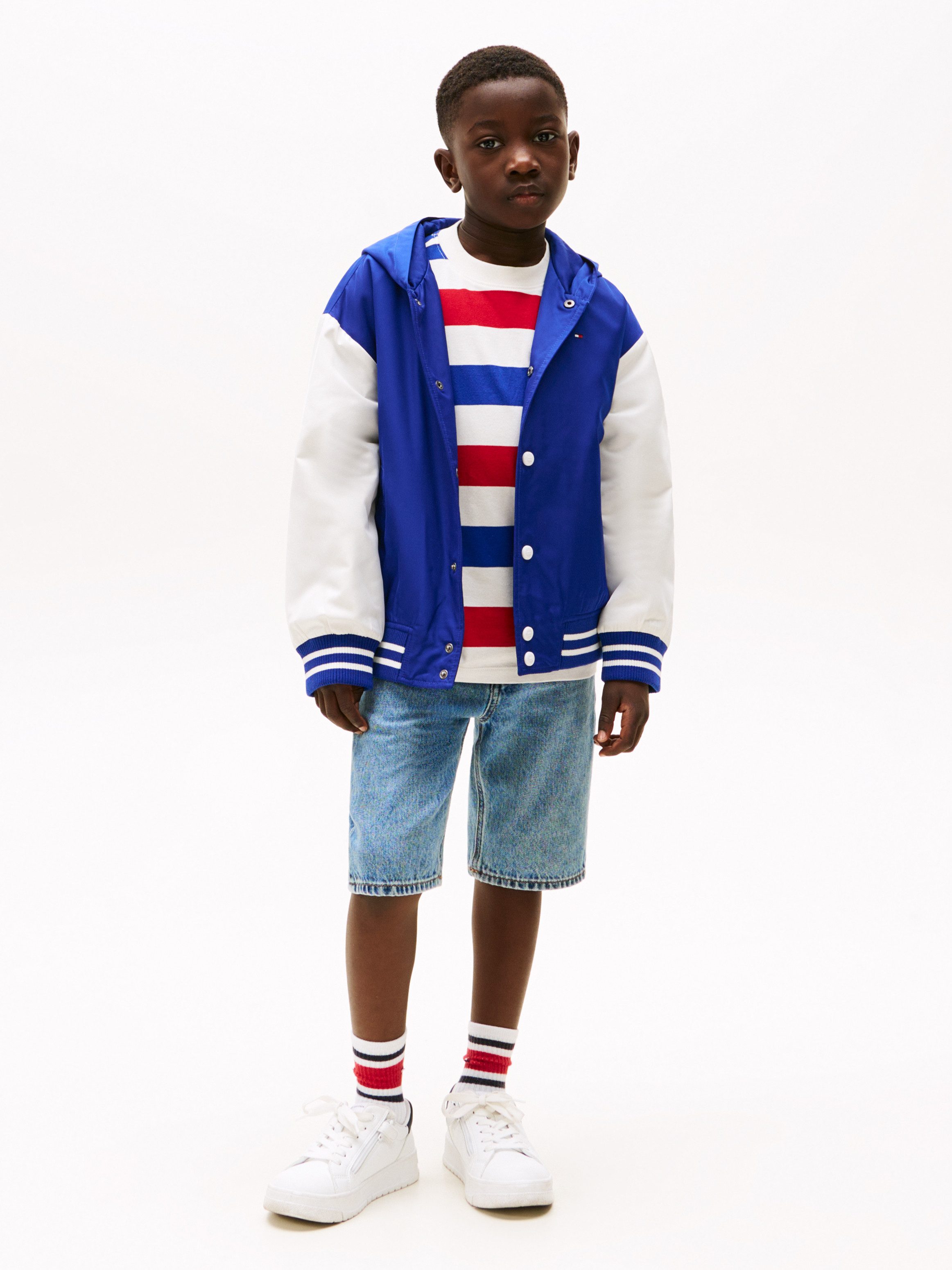 Tommy Hilfiger Bomberjack HOODED GRAPHIC BOMBER met groot logo, contrast-strepen