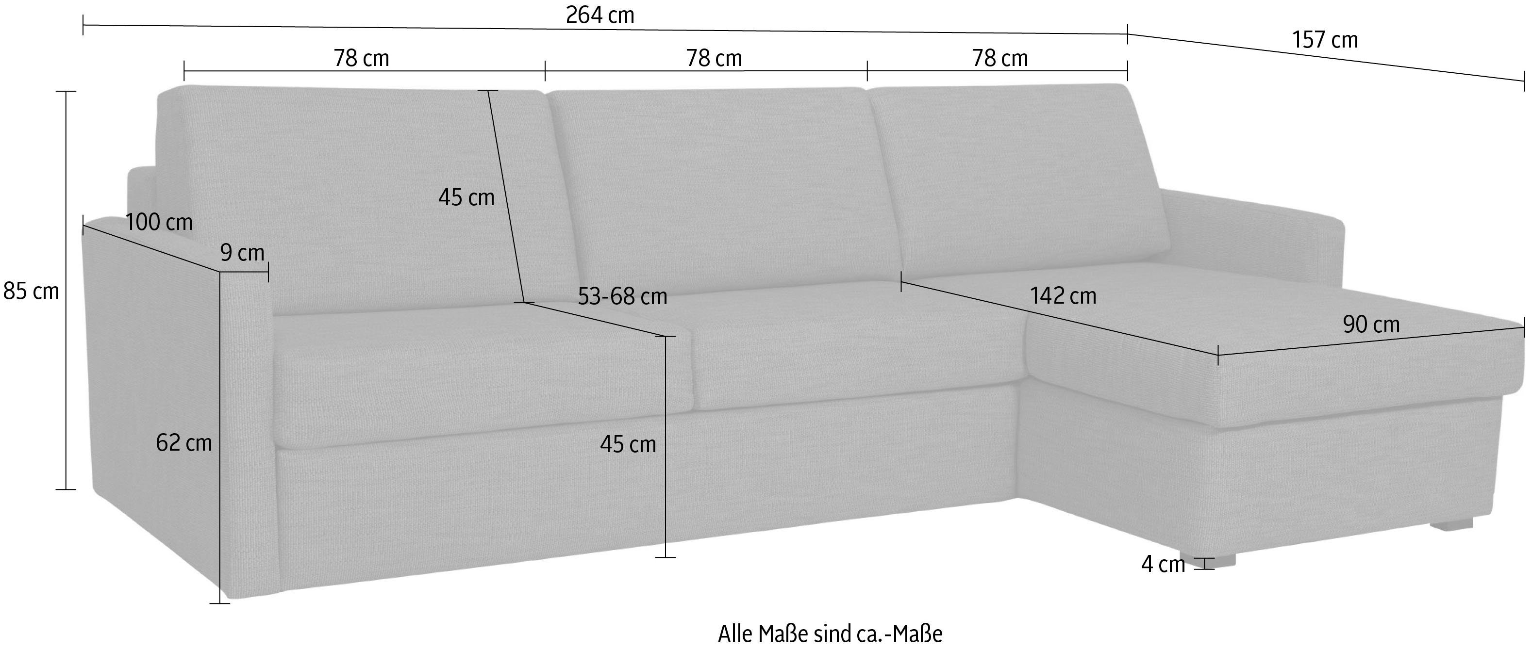 Places of Style Slaapbank GOLDPOINT hoekbank 264 cm, ligoppervlak (140/200 cm), L-vorm, Slaapfunctie, Bonell-binnenveringsmatras en volwaardige bedfunctie