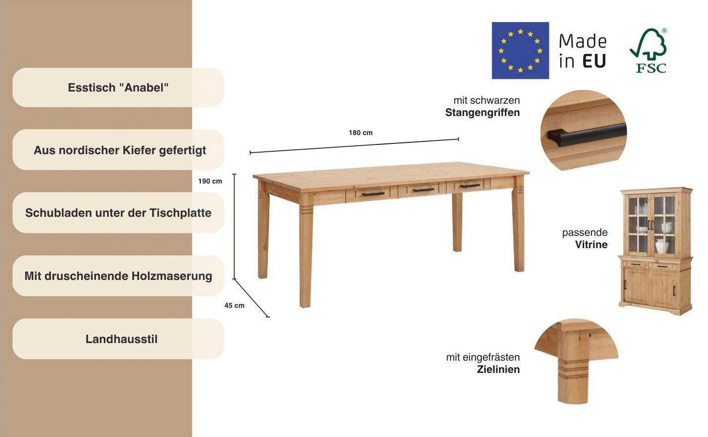 Home affaire Eettafel Anabel gemaakt van massief grenen, 6 laden onder het tafelblad, breedte 180 cm
