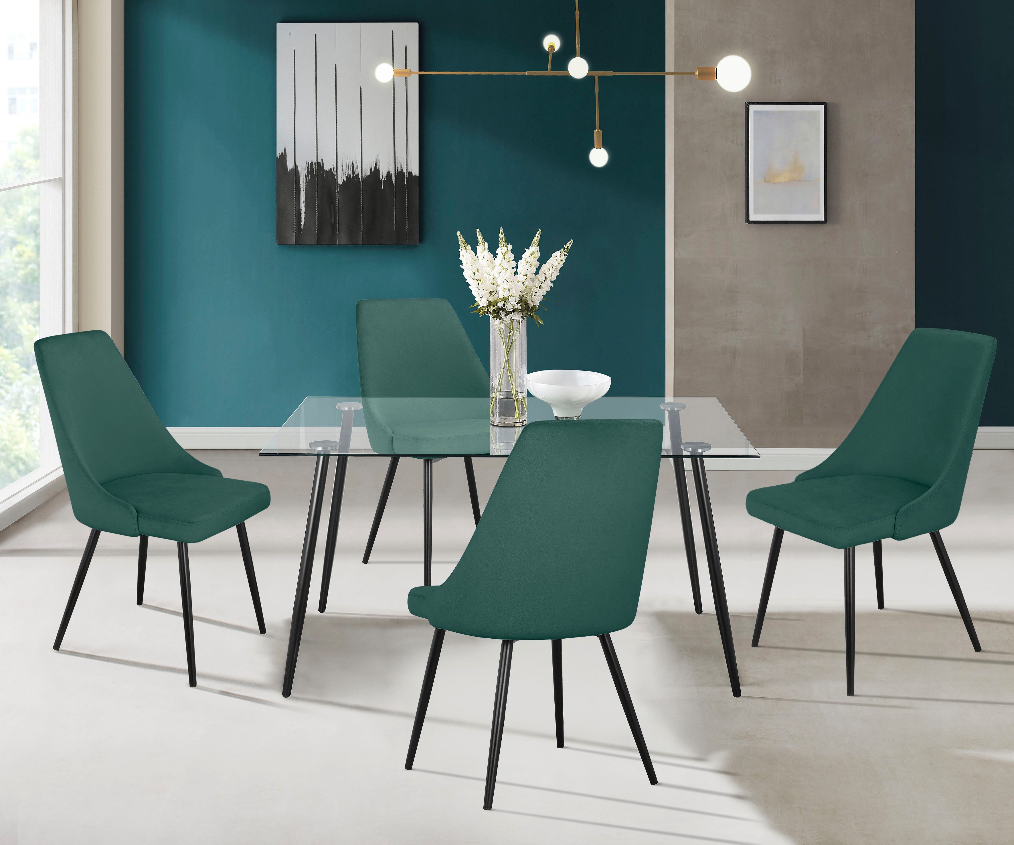 INOSIGN Eethoek Danny-Malio Glazen tafel 140x80 cm met 4 stoelen (velours stof), frame van metaal (set, 5-delig) eethoeken groen