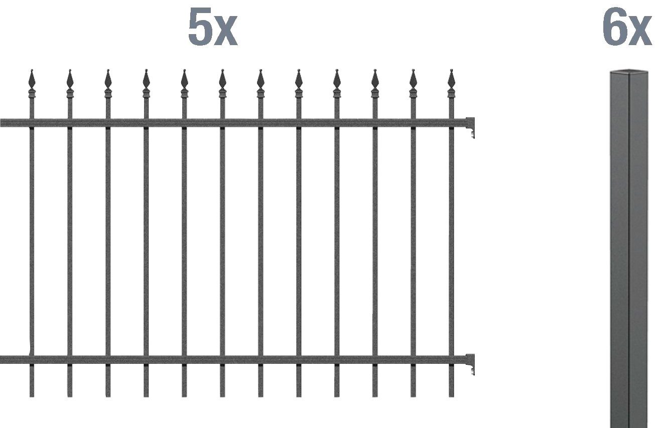 GAH Alberts Metalen hek Chaussee Hoogte: 100 en 120 cm, totale lengte: 10 m, voor plaatsing in beton (set, 12 stuks)