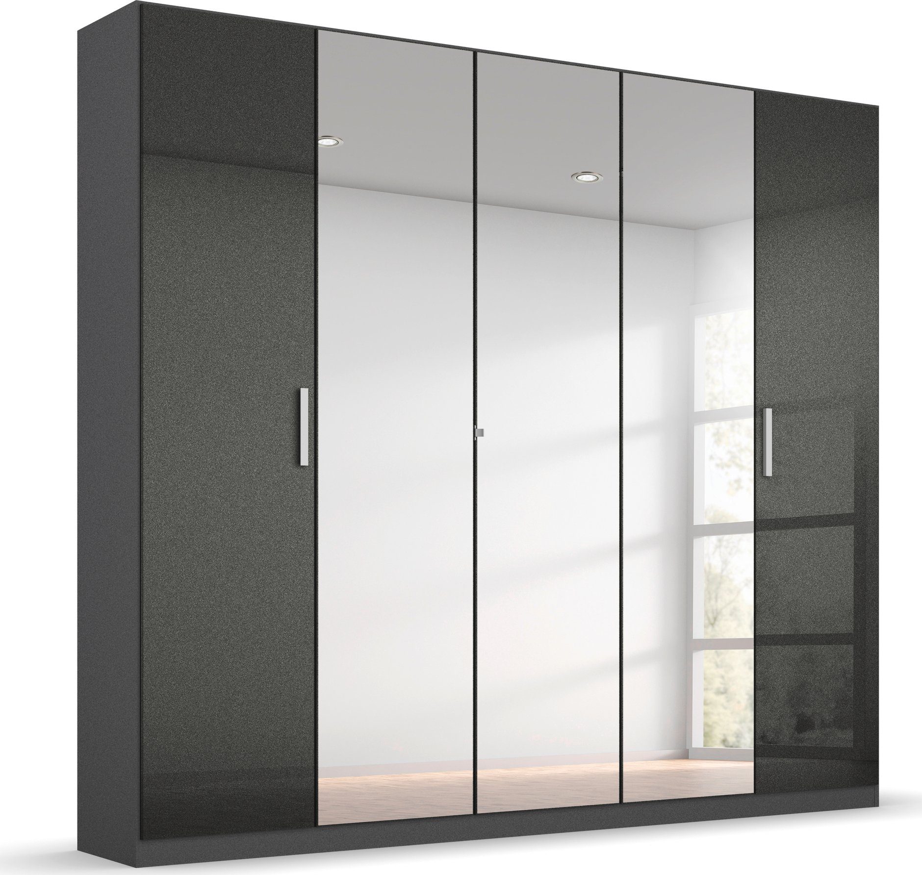 rauch Draaideurkast Koluna Hoogglansfront met spiegel, inclusief 2 lades en extra planken kledingkasten maat 226 cm x 229 cm x 54 cm grijs
