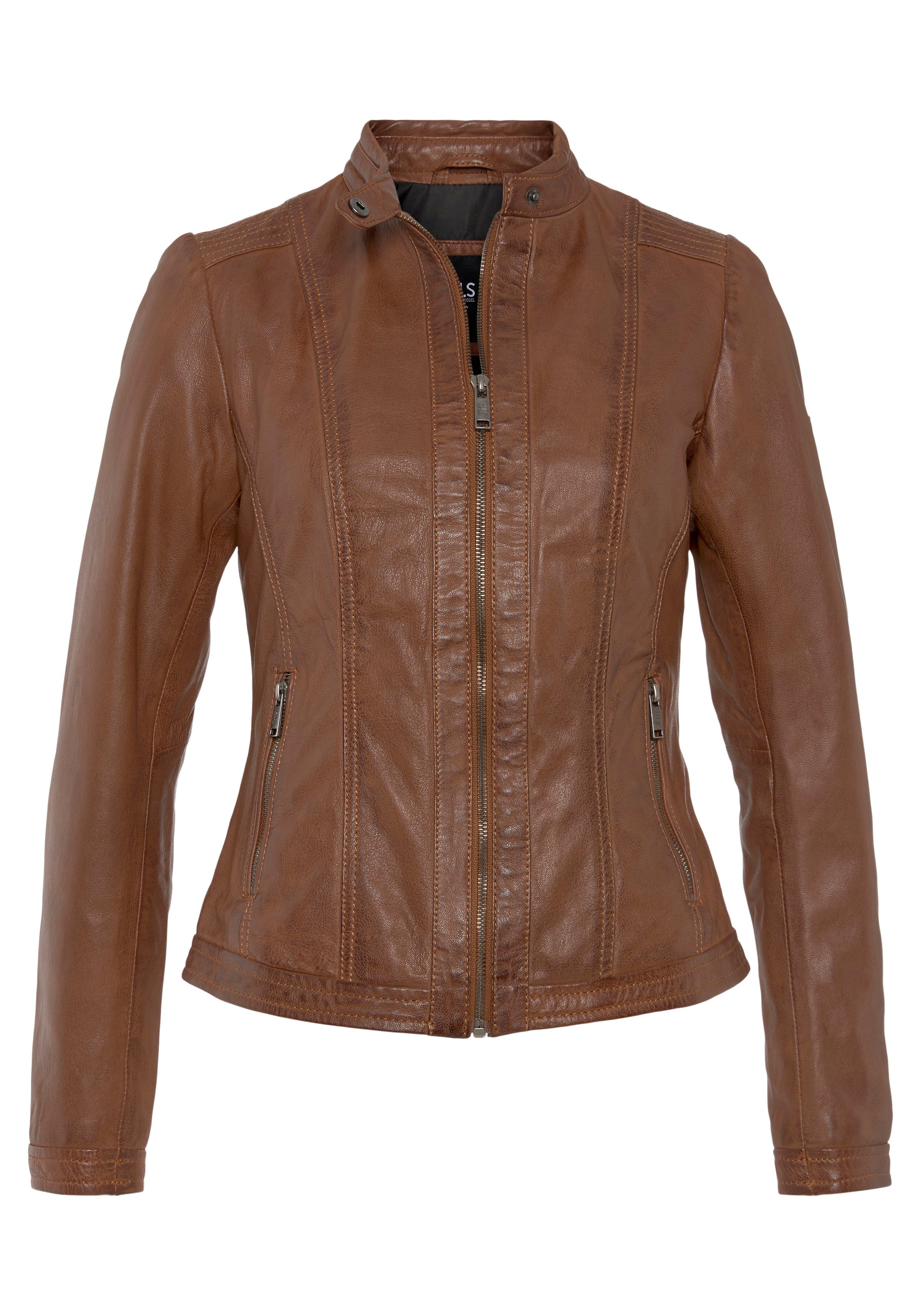 H.I.S Leren jack van lamsleer, figuuraccentuerende snit, met staande kraag