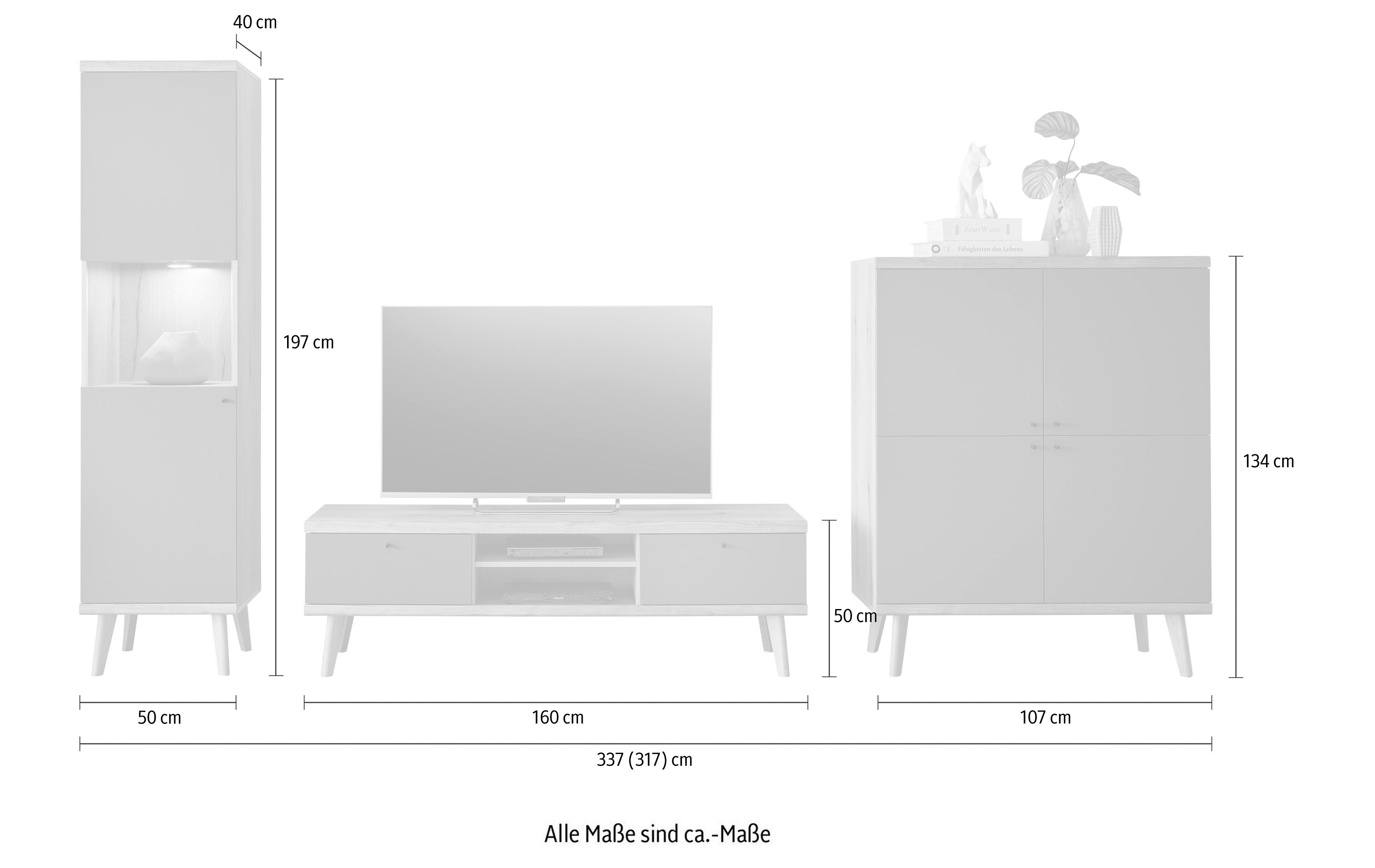 INOSIGN Wandmeubel MAVAS in moderne trendkleur, handgrepen van metaal (zwart), breedte 337 cm (set, 3-delig)