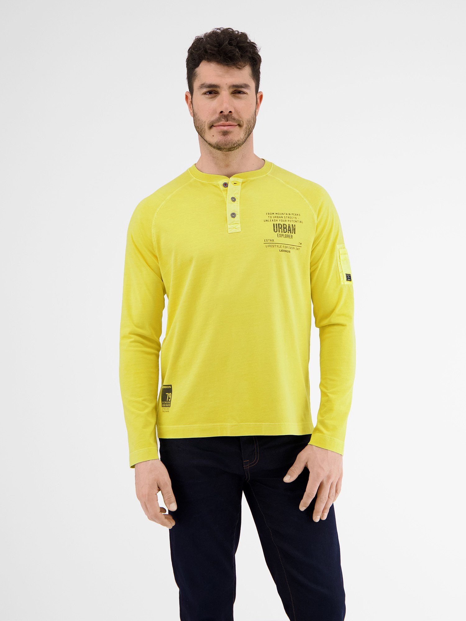 Lerros Shirt met lange mouwen LERROS longsleeve met serafino kragen heren t-shirts maat S groen