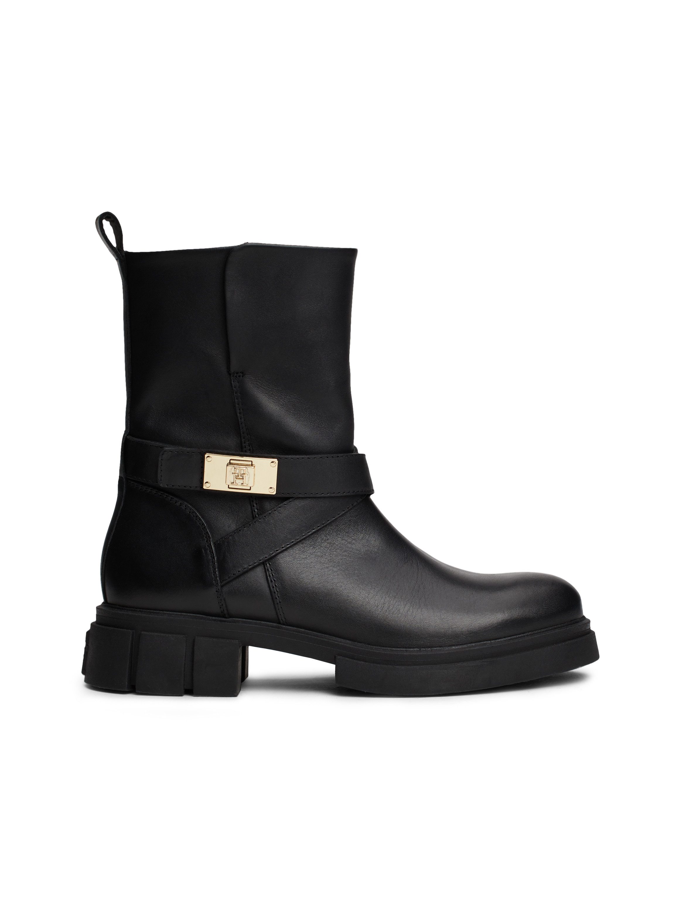 Tommy Hilfiger Bikerboots BIKER LEATHER blokhak, enkellaars, laarzen met goudkleurige sieraad