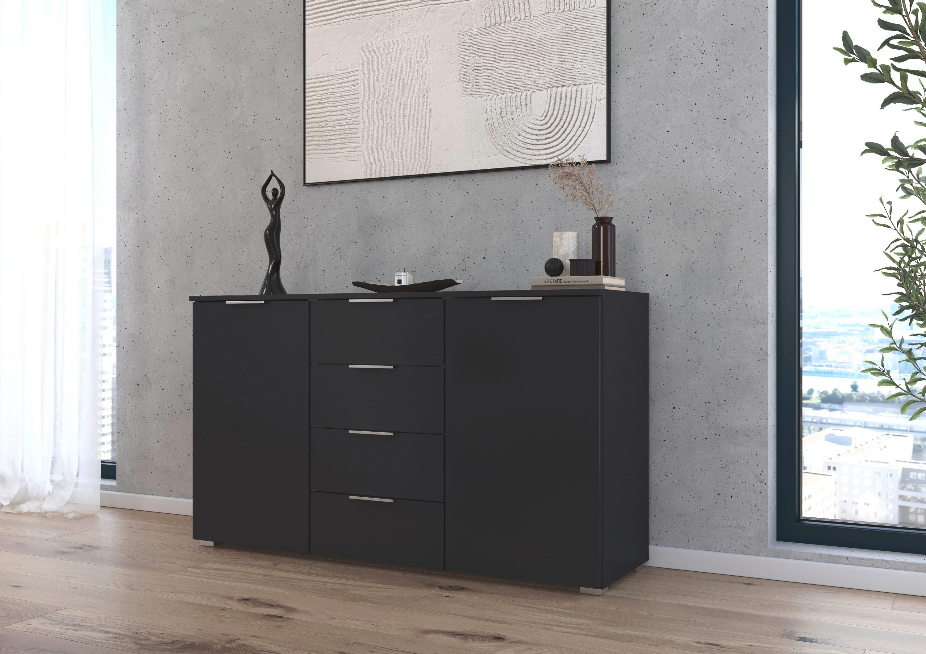 rauch Kast met laden en deuren Sideboard AGORDO met decor- of hoogglansfront met 4 lades en 2 deuren en metalen grepen made in germany