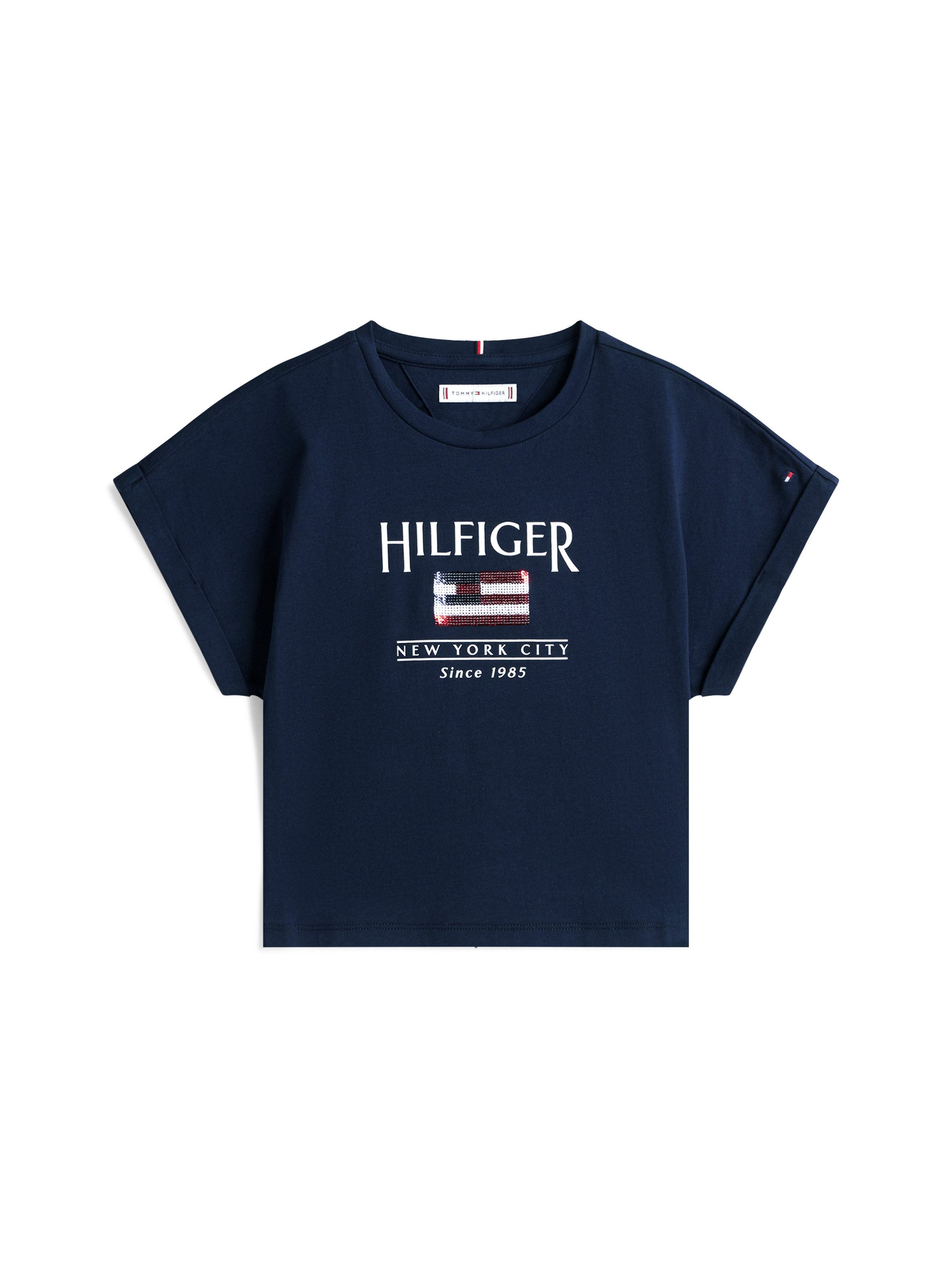 Tommy Hilfiger Shirt met korte mouwen HILFIGER SEQUINS FLAG TEE SS met pailletten, met logo-print