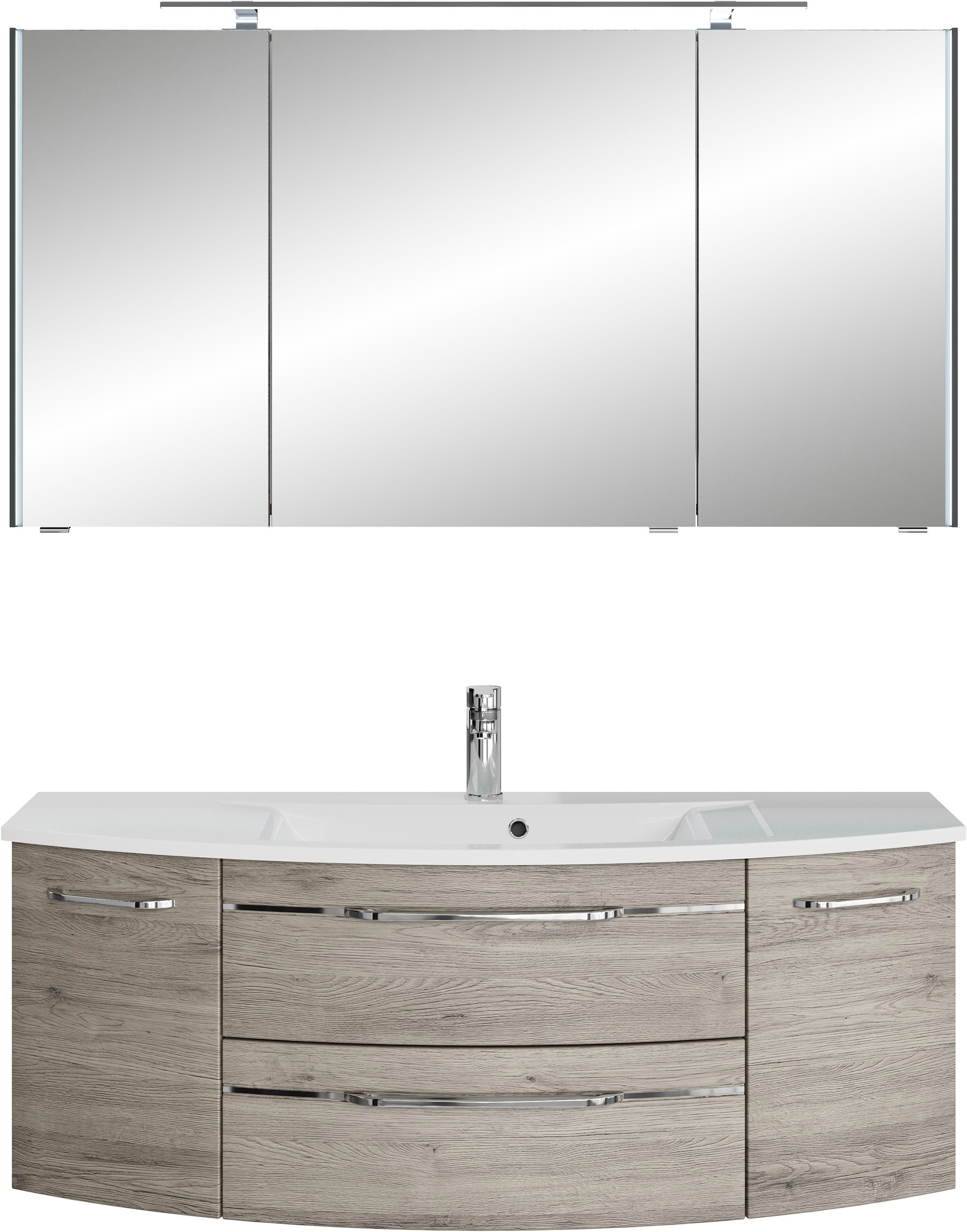 Saphir Badmeubelset Serie 7045 2-delig, mineraalmarmeren wastafel met led-spiegelkast (set, 2 stuks) badmeubelsets bruin