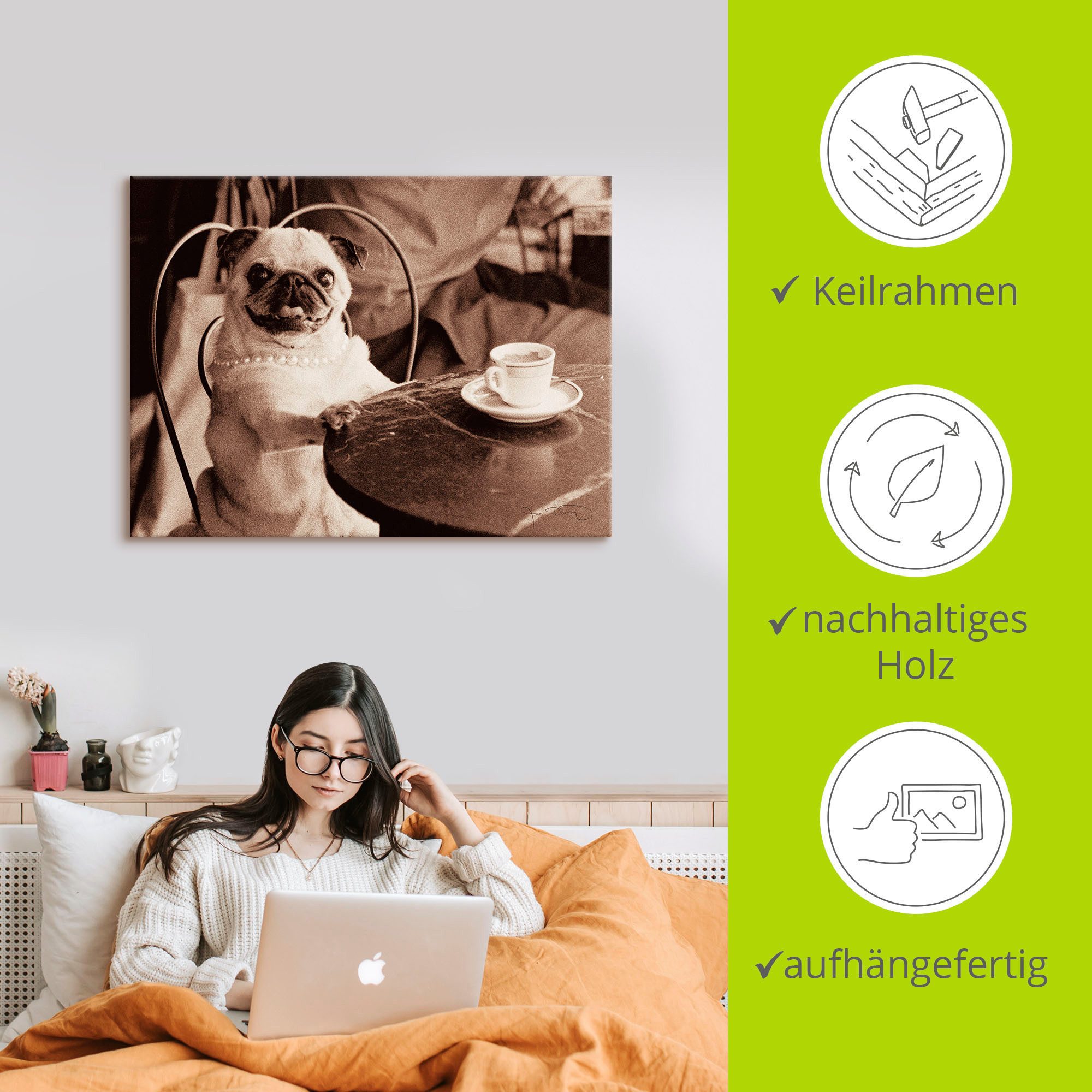 Artland Artprint Koffie mopshond als artprint op linnen, poster, muursticker in verschillende maten