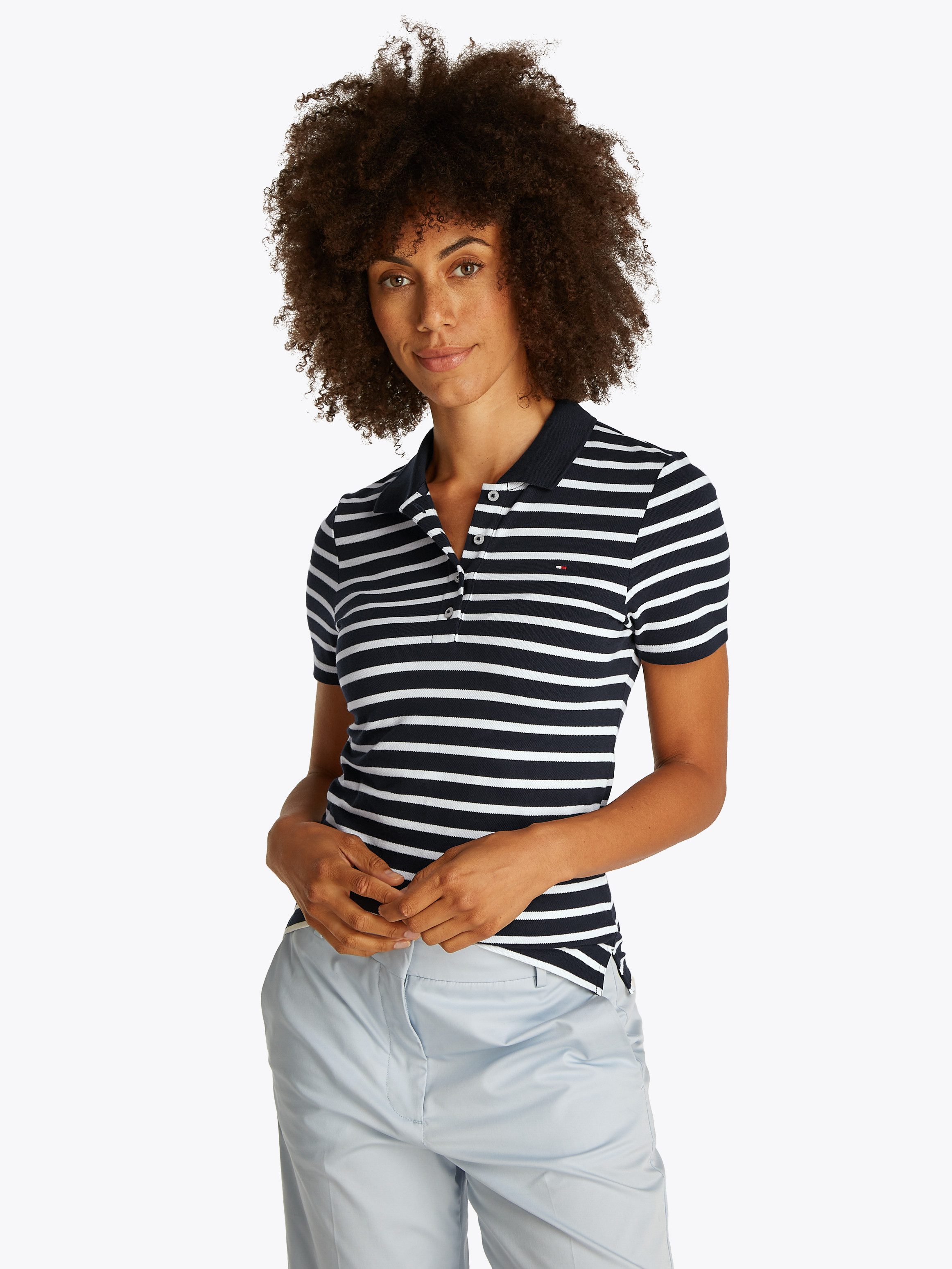 Tommy Hilfiger Poloshirt 1985 Slim Fit Pique Premium met logo-borduursel, met zijsplitten dames polo's maat M (38) blauw