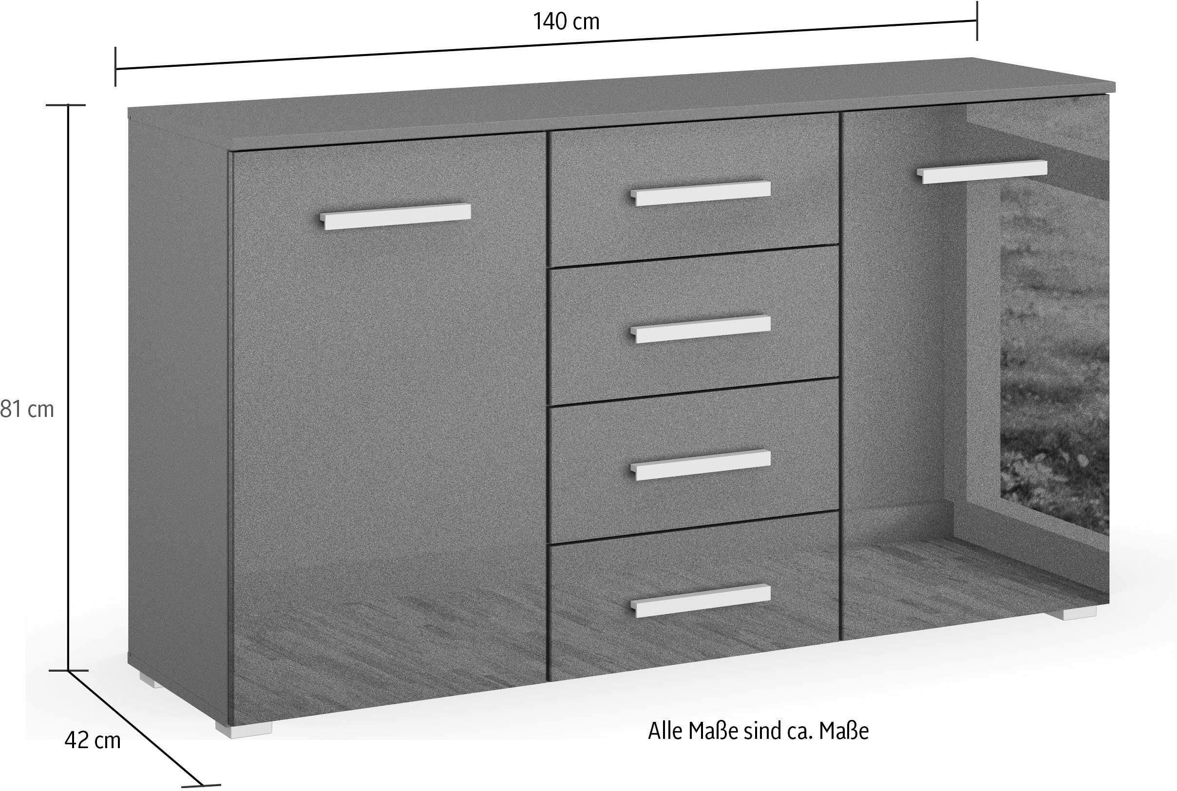 rauch Ladekast Sideboard commode combicommode KOLUNA met hoogglansfront met 4 lades en 2 deuren en metalen grepen made in germany