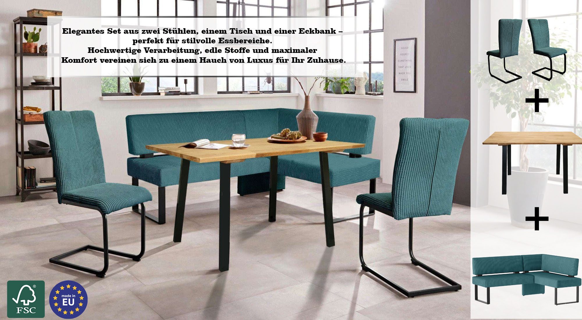 Home affaire Eethoek Oliver Hoekbank met golfvering in de zitting, tafel massief eiken (set, 4-delig)