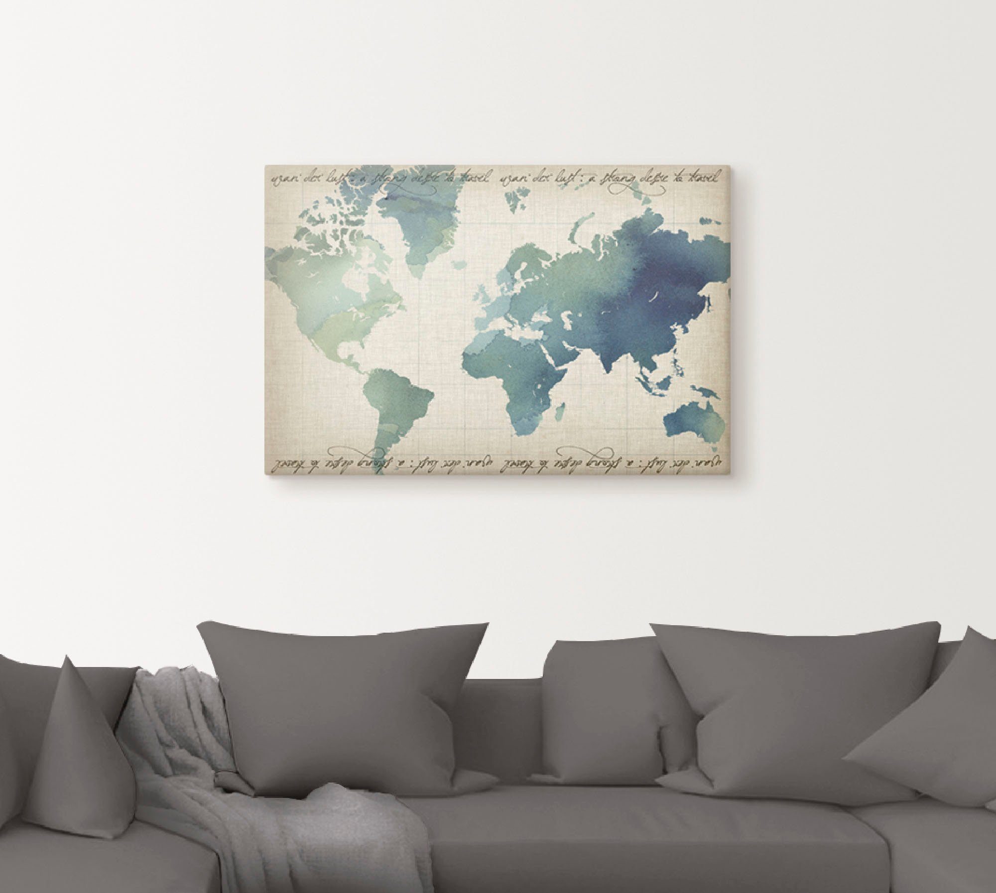 Artland Artprint op linnen Waterverf wereldkaart gespannen op een spieraam