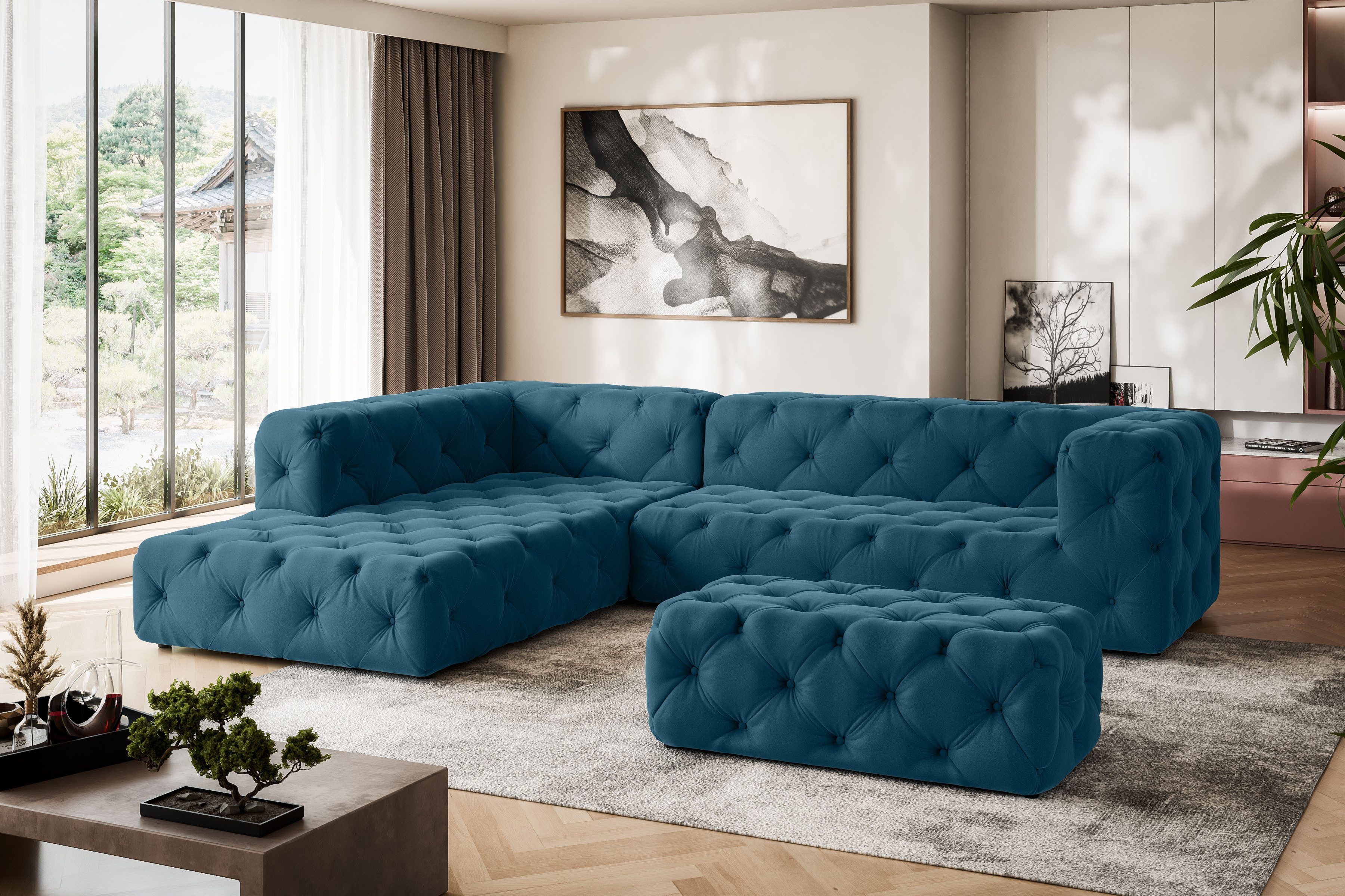 Places of Style Hocker FOLLINA Beklede poef met klassieke Chesterfield-knopafwerking