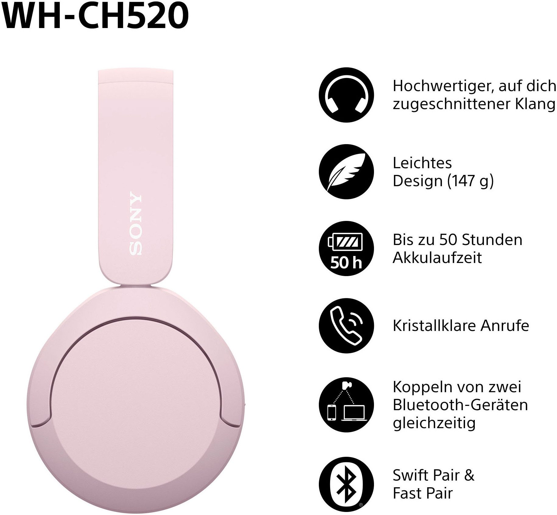 Sony Bluetooth-hoofdtelefoon WHCH520 200 uur max. accuduur (standby)