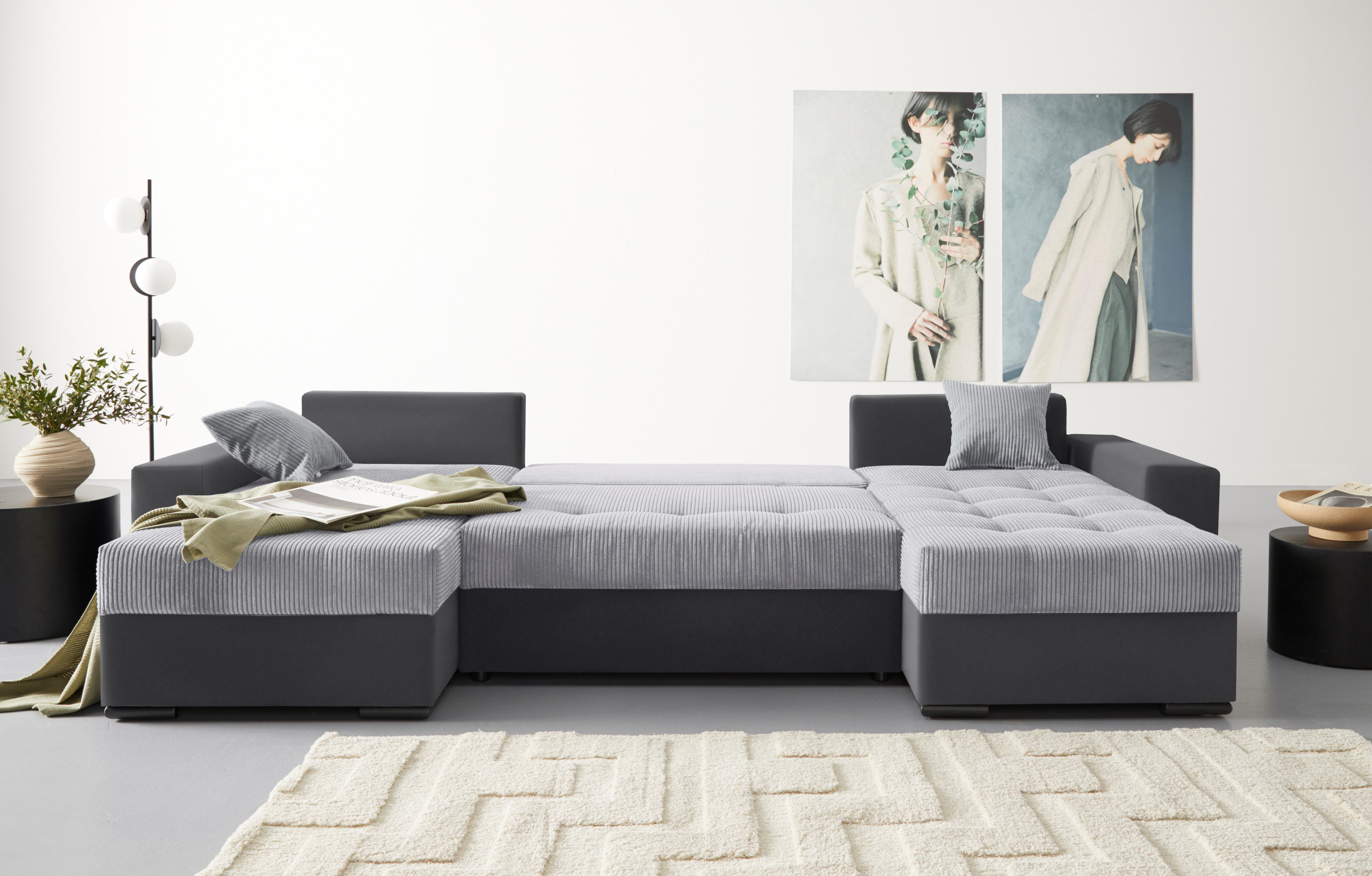 COLLECTION AB Zithoek XL-Josy U-vorm, breedte 313 cm, cord-/mix incl. bedfunctie, bedlade, met 4 gelijk grote rugkussens