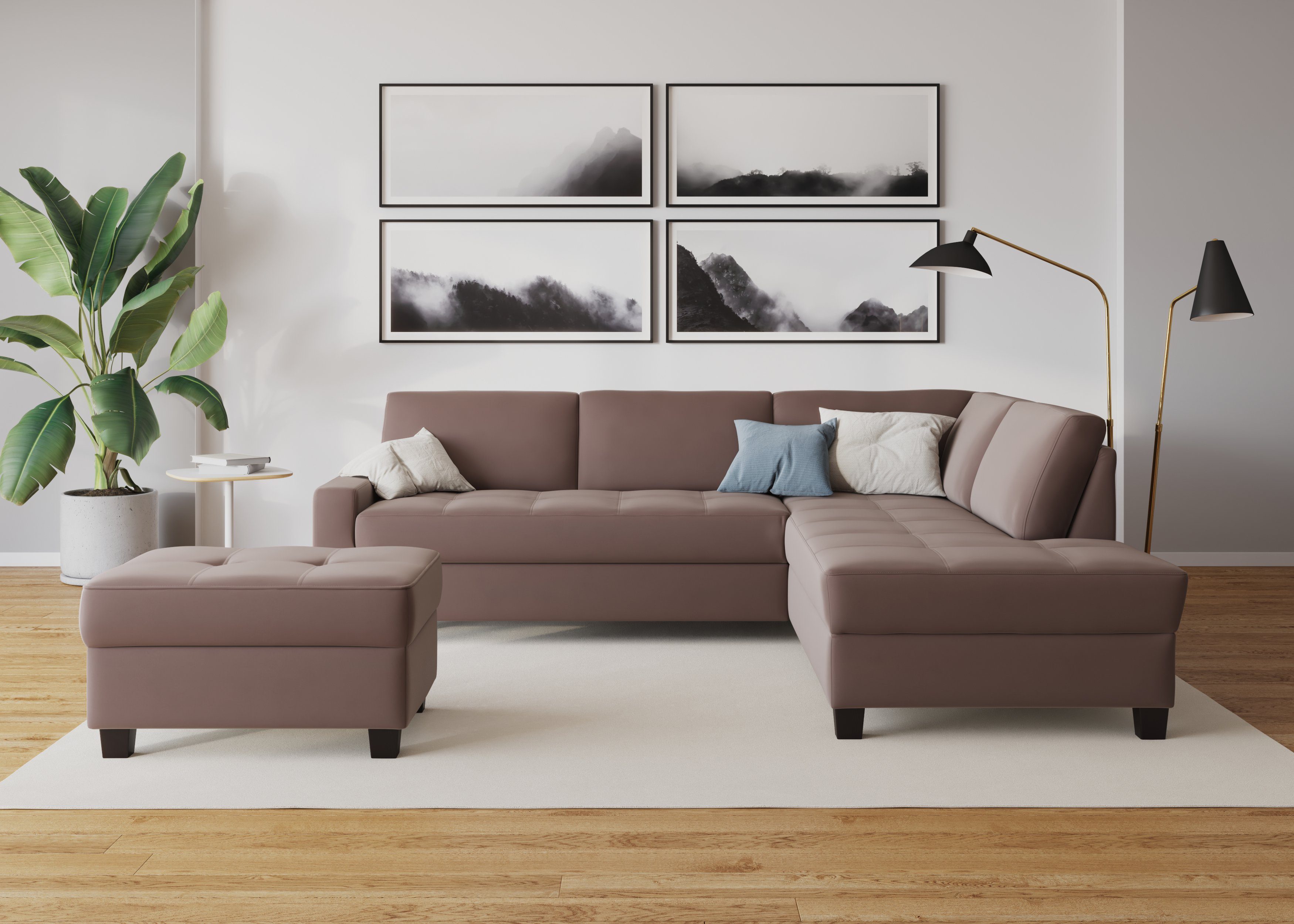 DOMO collection Hoekbank Florentina tijdloos en elegant, zitnaden als designelement, L-vorm keuze met slaapfunctie, met contrastnaad, comfortabele zithoogte 47 cm