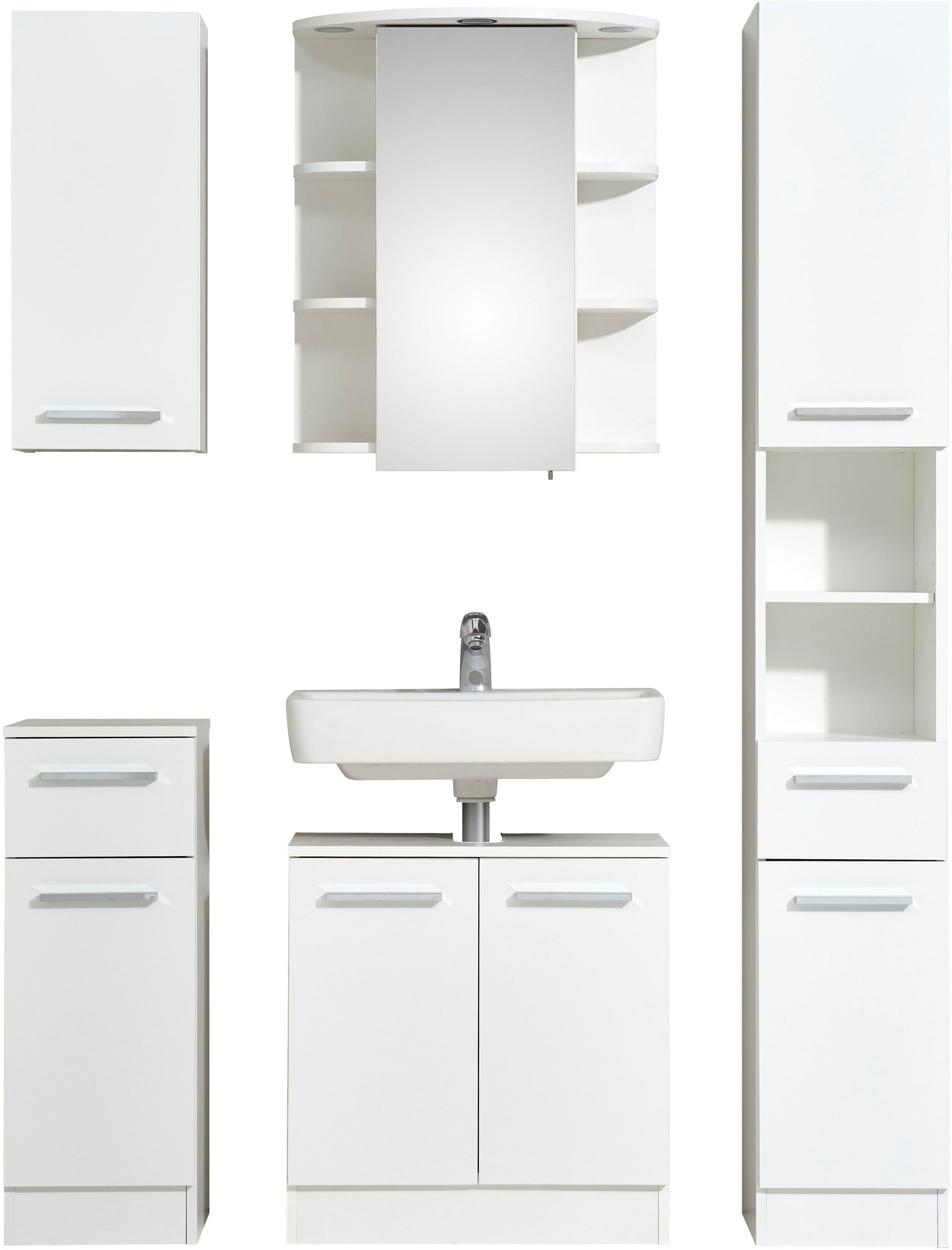 Saphir Badkamerserie Quickset 335 5-delig, wastafelonderkast met led-spiegelkast Hoge kast, onderkast, hangend kastje, inclusief deurdemper, 7 deuren
