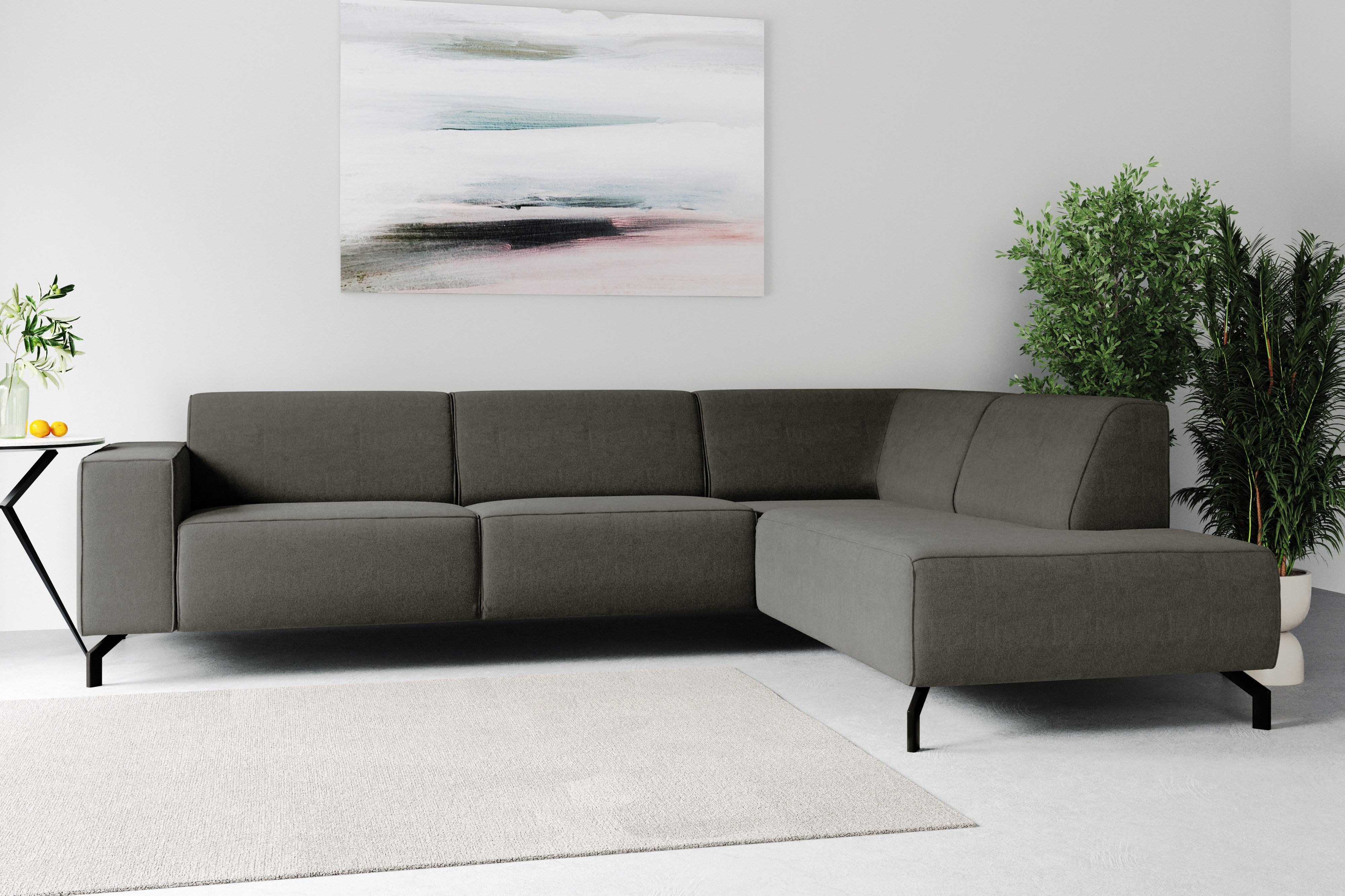 Places of Style Hoekbank Lorcan, breedte 275 cm, zacht zitgevoel met zwarte metalen poten, lederlook en zachte structuurstof