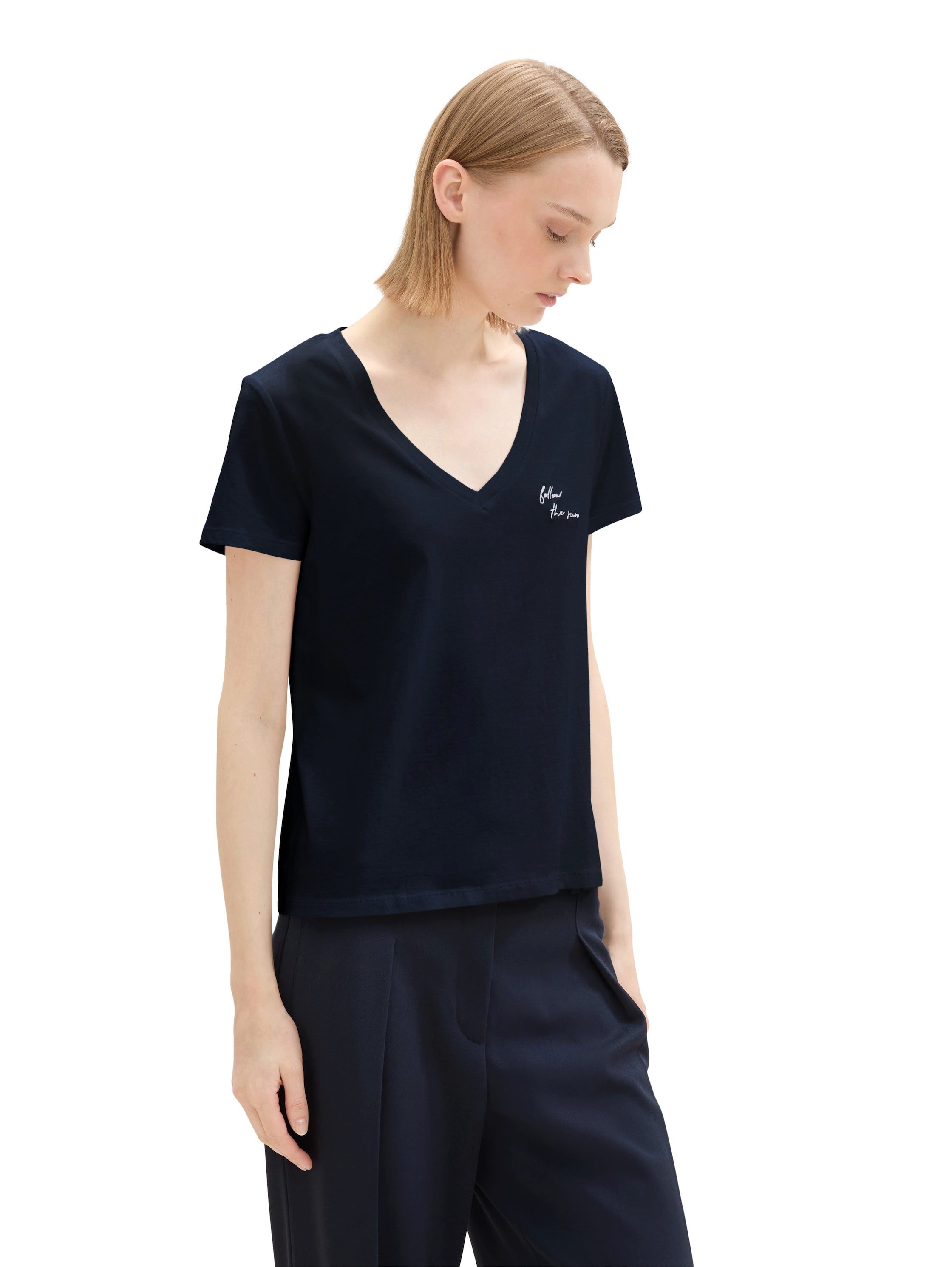 Tom Tailor Denim Shirt met V-hals met statement-prints (set, 2-delig)